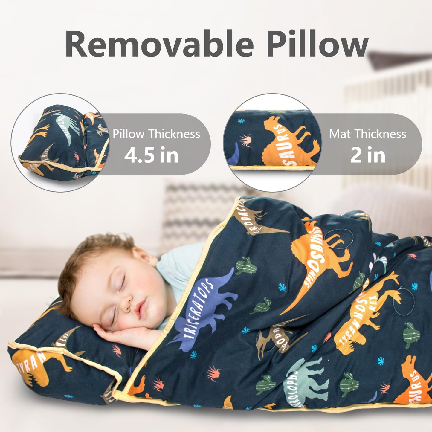 Primlect Thickened Toddler Nap Mat with Removable Pillow & Minky Blanket — Extra Large 55x35