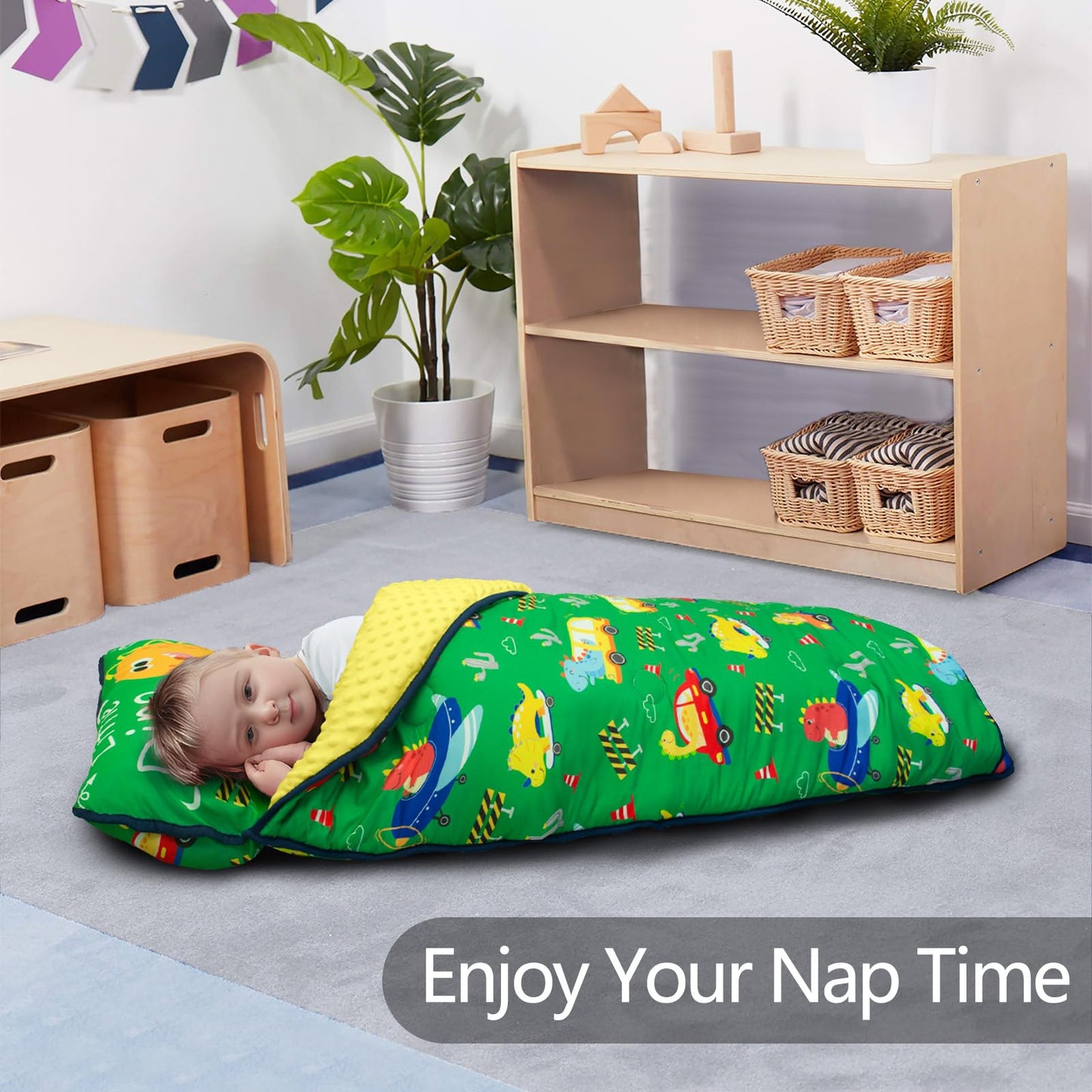 PRIMLECT Thickened Toddler Nap Mat with Removable Pillow & Minky Blanket — 55''x35'', Washable & Rollable