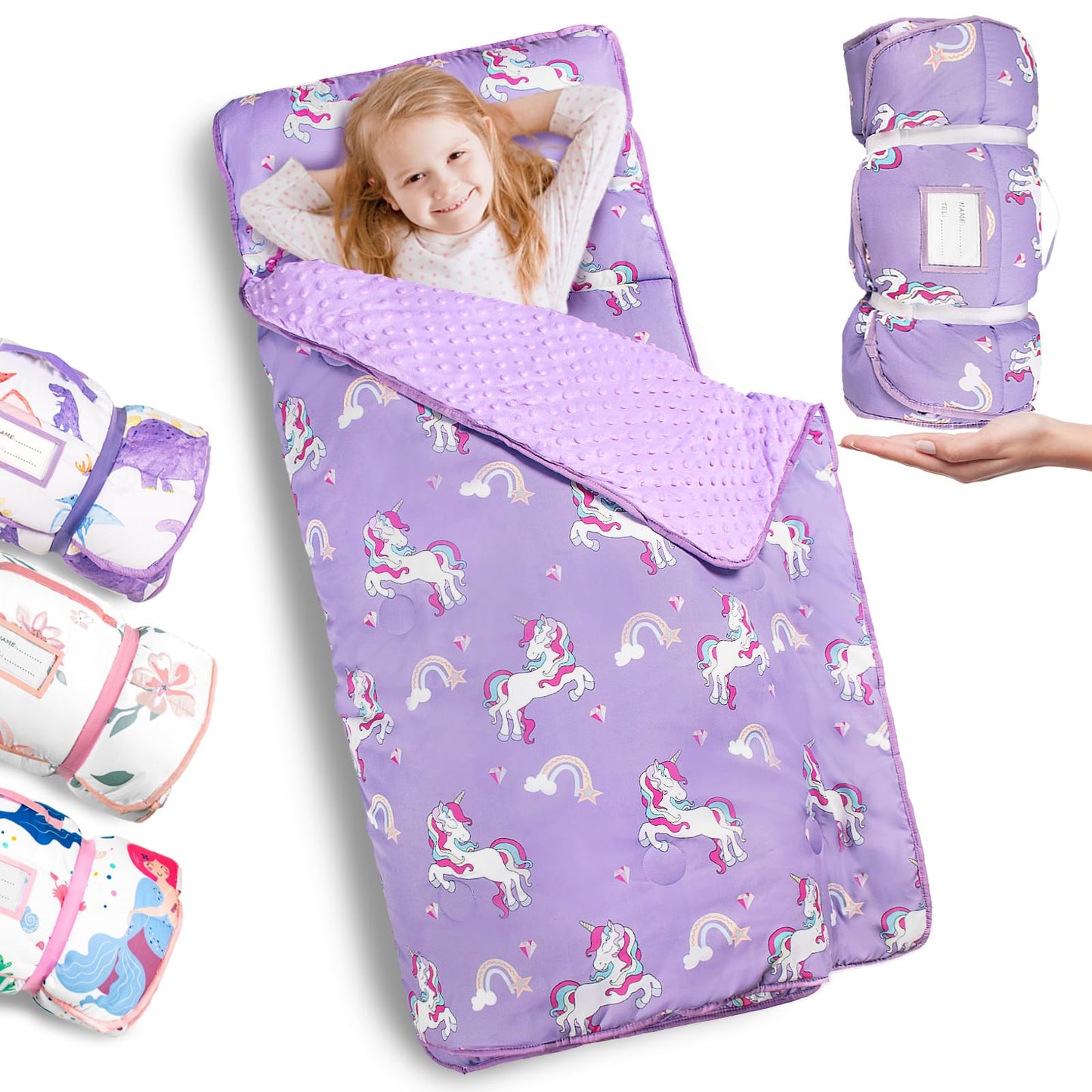 Primlect Thickened Toddler Nap Mat with Removable Pillow & Minky Blanket — Extra Large 55x35 Roll-Up