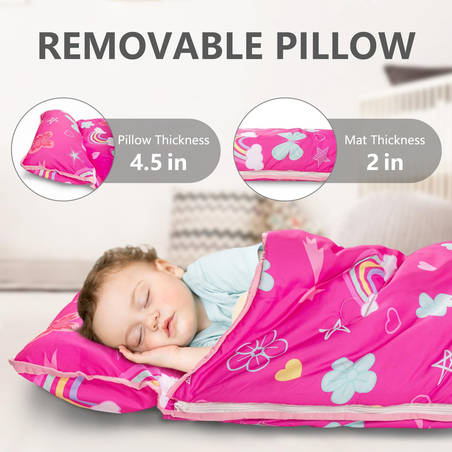 PRIMLECT Toddler Nap Mat – Extra Large 55 x 22 Inches, Thickened with Detachable Minky Blanket & Pillow | Portable for Daycare and Travel