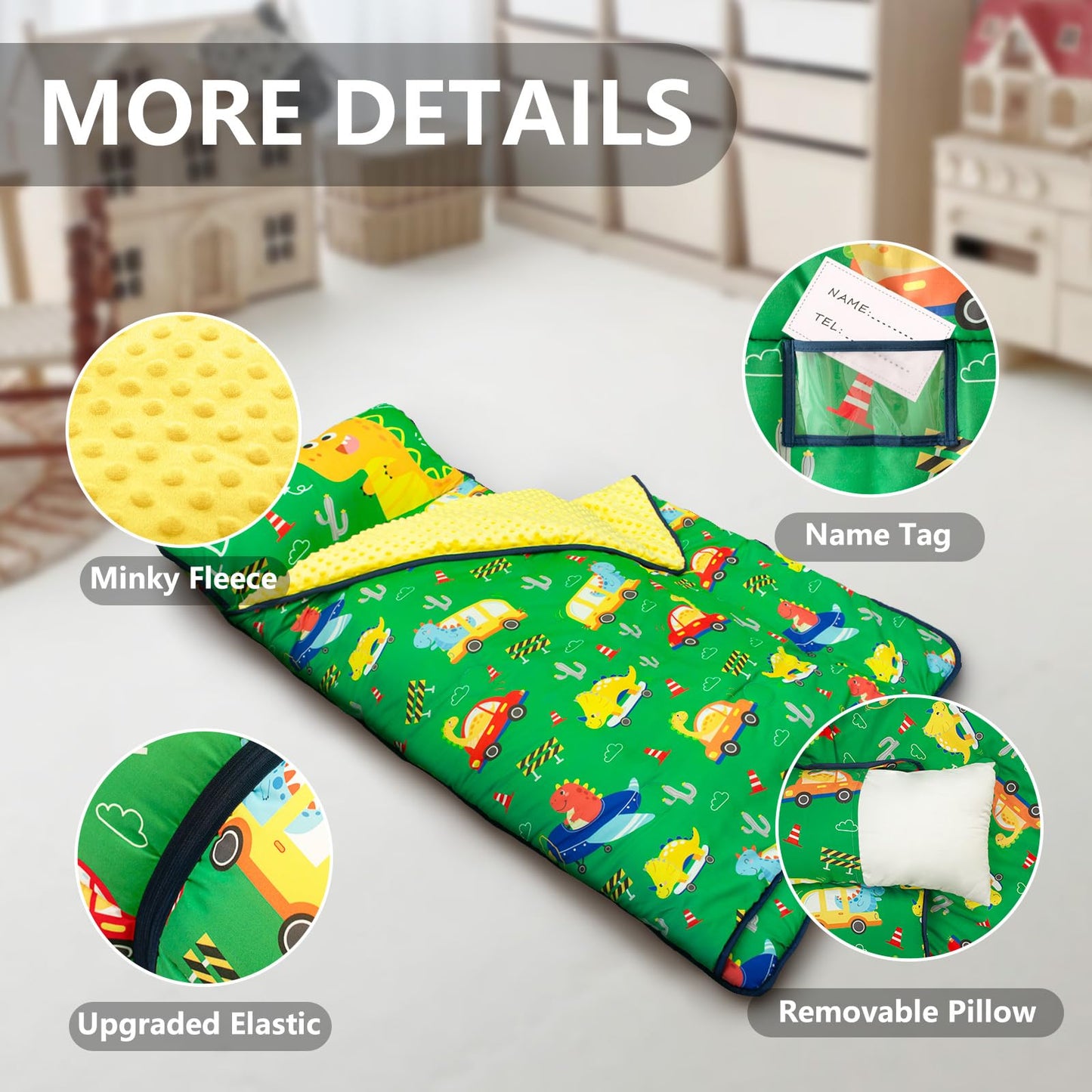 PRIMLECT Thickened Toddler Nap Mat with Removable Pillow & Minky Blanket — 55''x35'', Washable & Rollable
