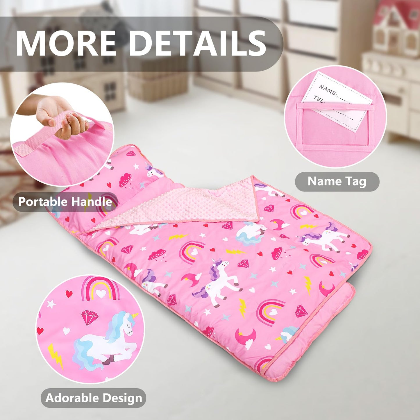 PRIMLECT Toddler Nap Mat with Removable Pillow & Fleece Blanket – 55x22