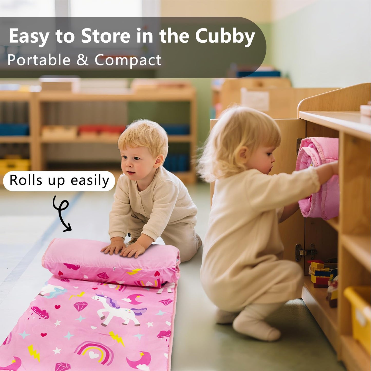PRIMLECT Toddler Nap Mat with Removable Pillow & Fleece Blanket – 55x22
