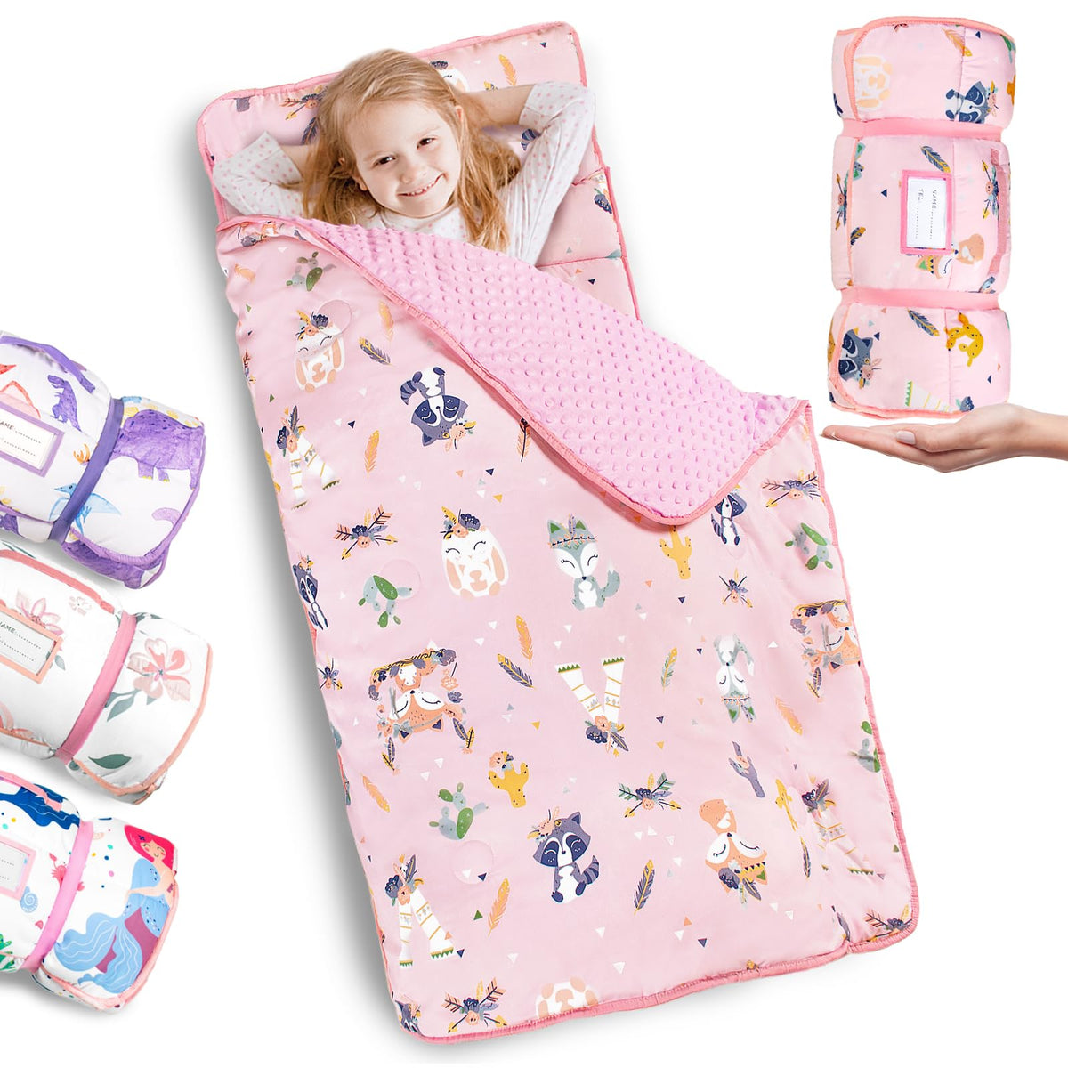 PRIMLECT Thickened Toddler Nap Mat with Removable Pillow & Minky Blanket – Extra Large 55x35 in Pink Fox