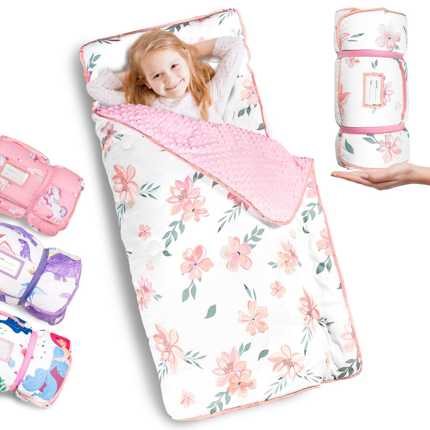 Primlect Thickened Toddler Nap Mat with Removable Pillow & Minky Blanket — Floral Pattern, Extra Large 55''x35'' for Daycare