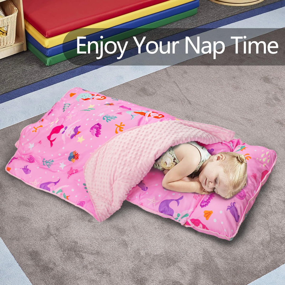 PRIMLECT Toddler Nap Mat 55x22 in – Extra Thick with Detachable Minky Blanket & Pillow (Mermaid)