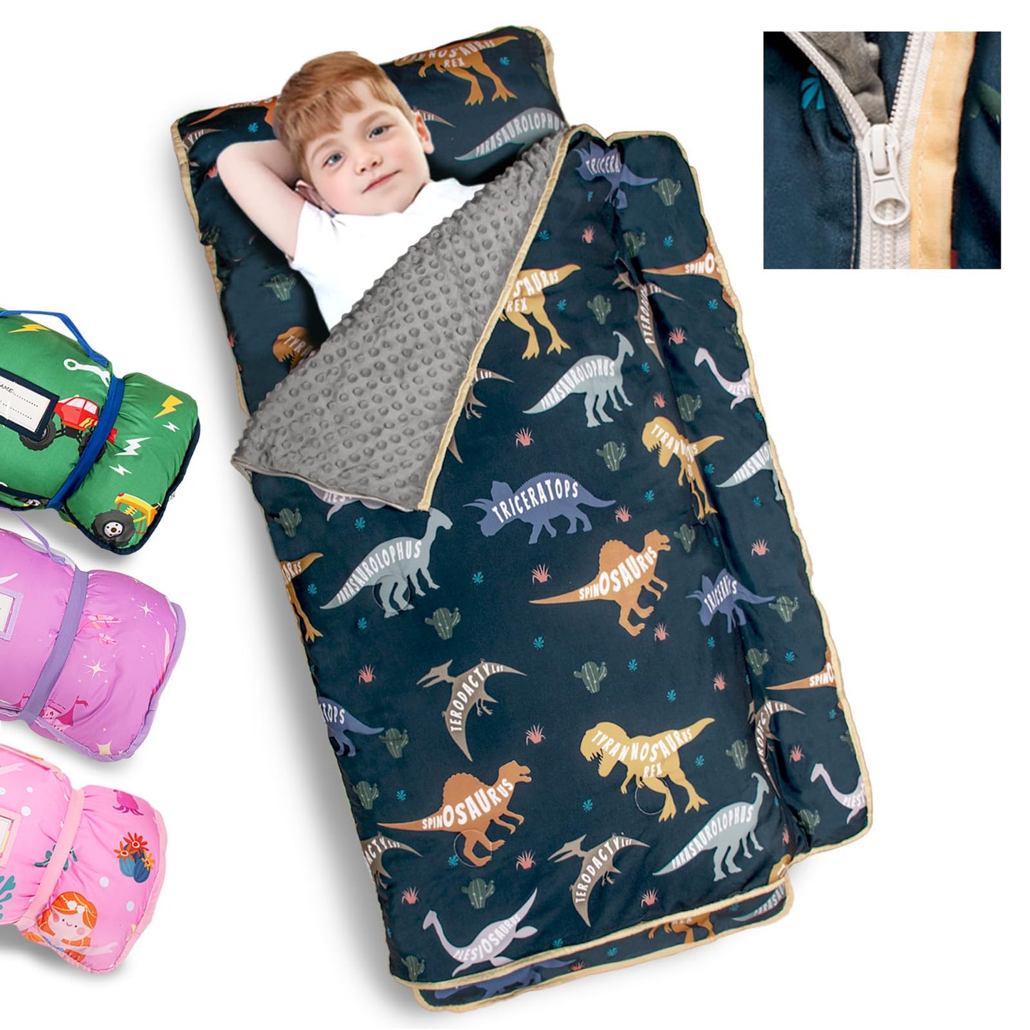 PRIMLECT Toddler Nap Mat - Extra Thick 55x22 with Detachable Minky Blanket, Dinosaur Design