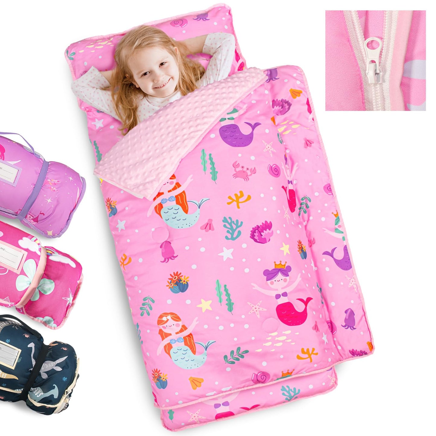PRIMLECT Toddler Nap Mat 55x22 in – Extra Thick with Detachable Minky Blanket & Pillow (Mermaid)