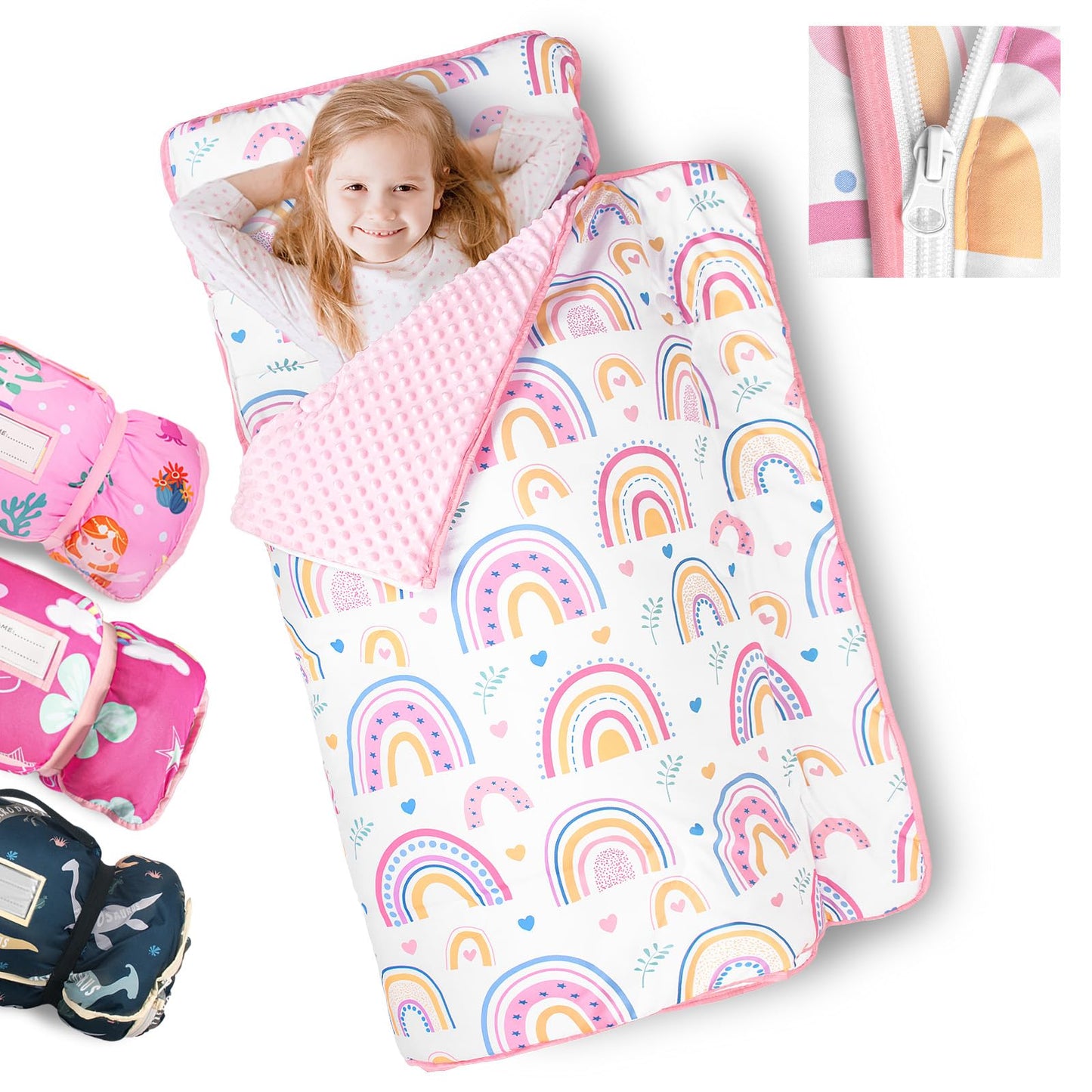 PRIMLECT Toddler Nap Mat Extra Large 55x22 with Detachable Minky Blanket & Pillow — Rainbow