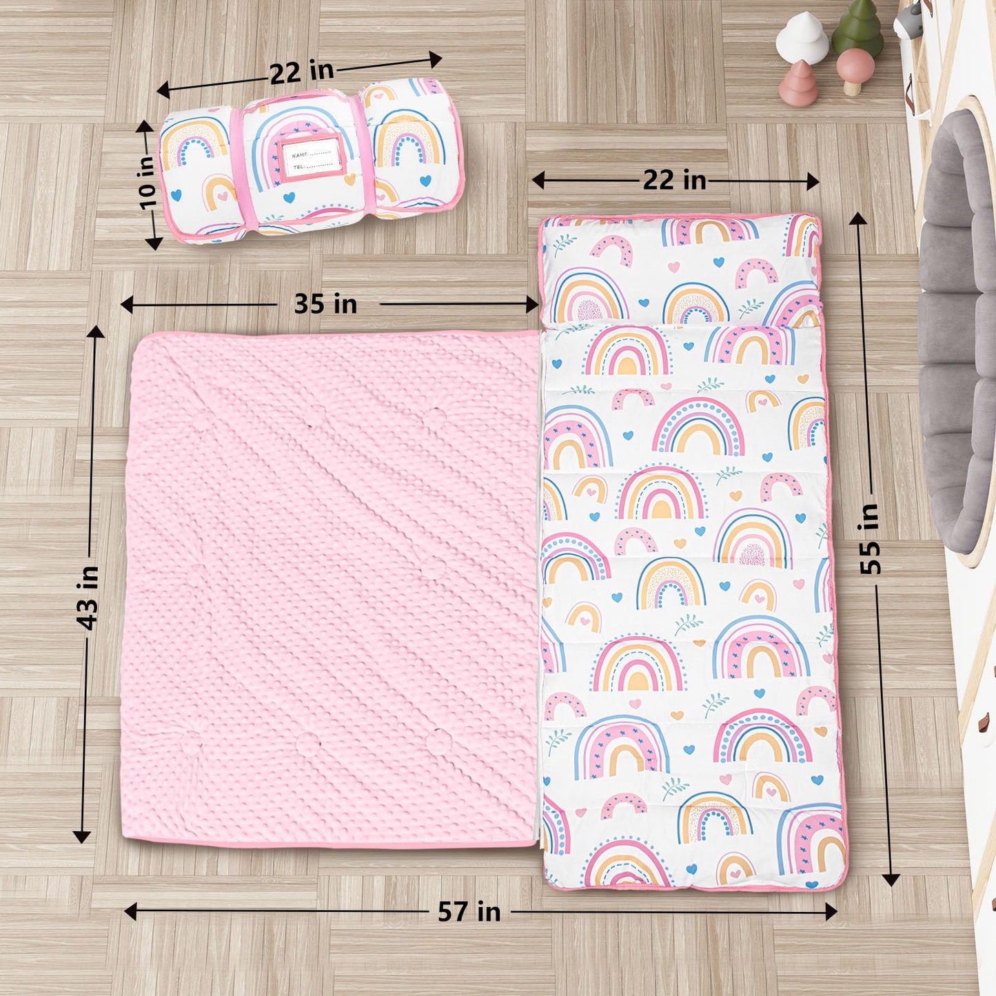 PRIMLECT Toddler Nap Mat Extra Large 55x22 with Detachable Minky Blanket & Pillow — Rainbow