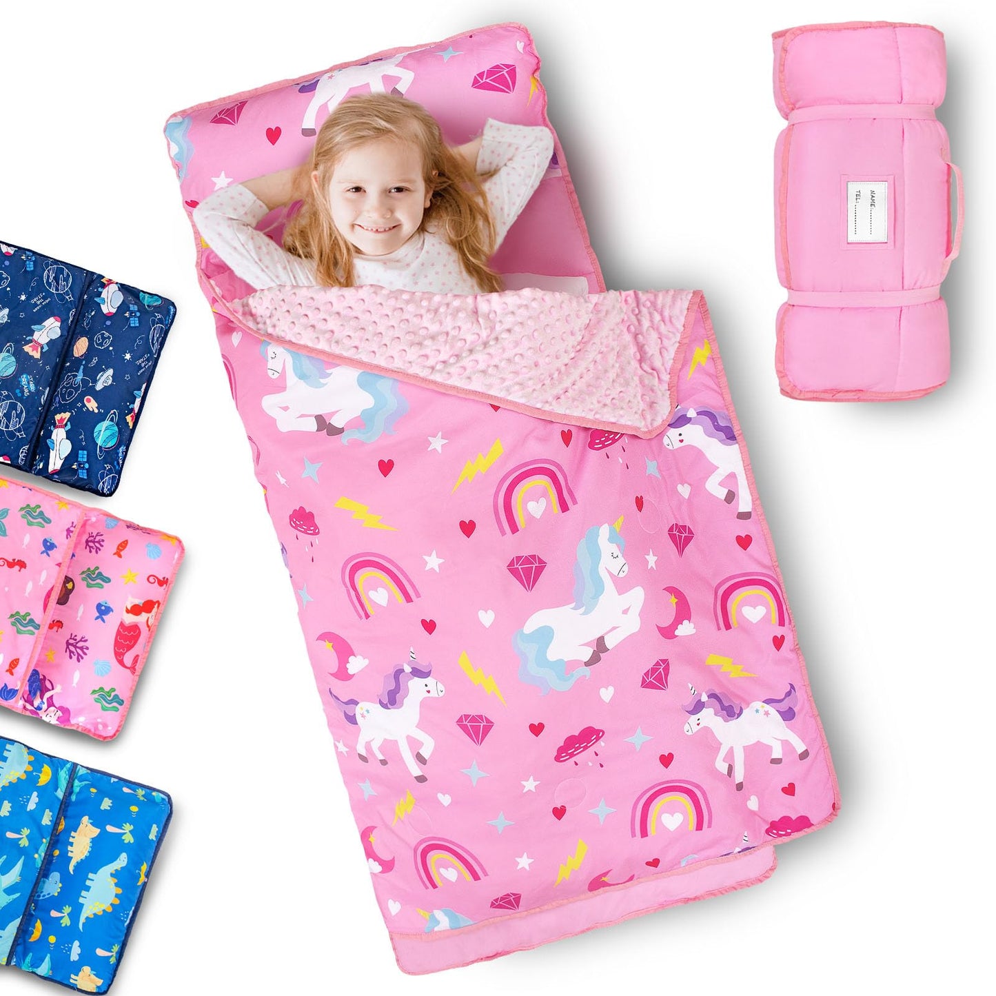 PRIMLECT Toddler Nap Mat with Removable Pillow & Fleece Blanket – 55x22