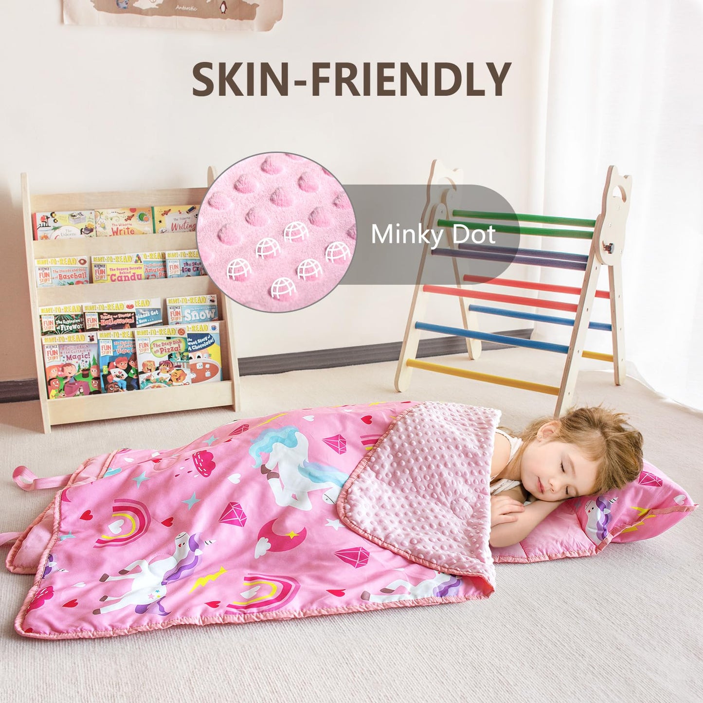 PRIMLECT Toddler Nap Mat with Removable Pillow & Fleece Blanket – 55x22