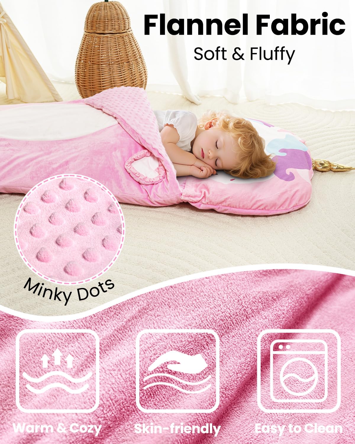 Primlect Kids Sleeping Bag with Pillow – Plush Nap Mat for Preschool & Travel (Pink)