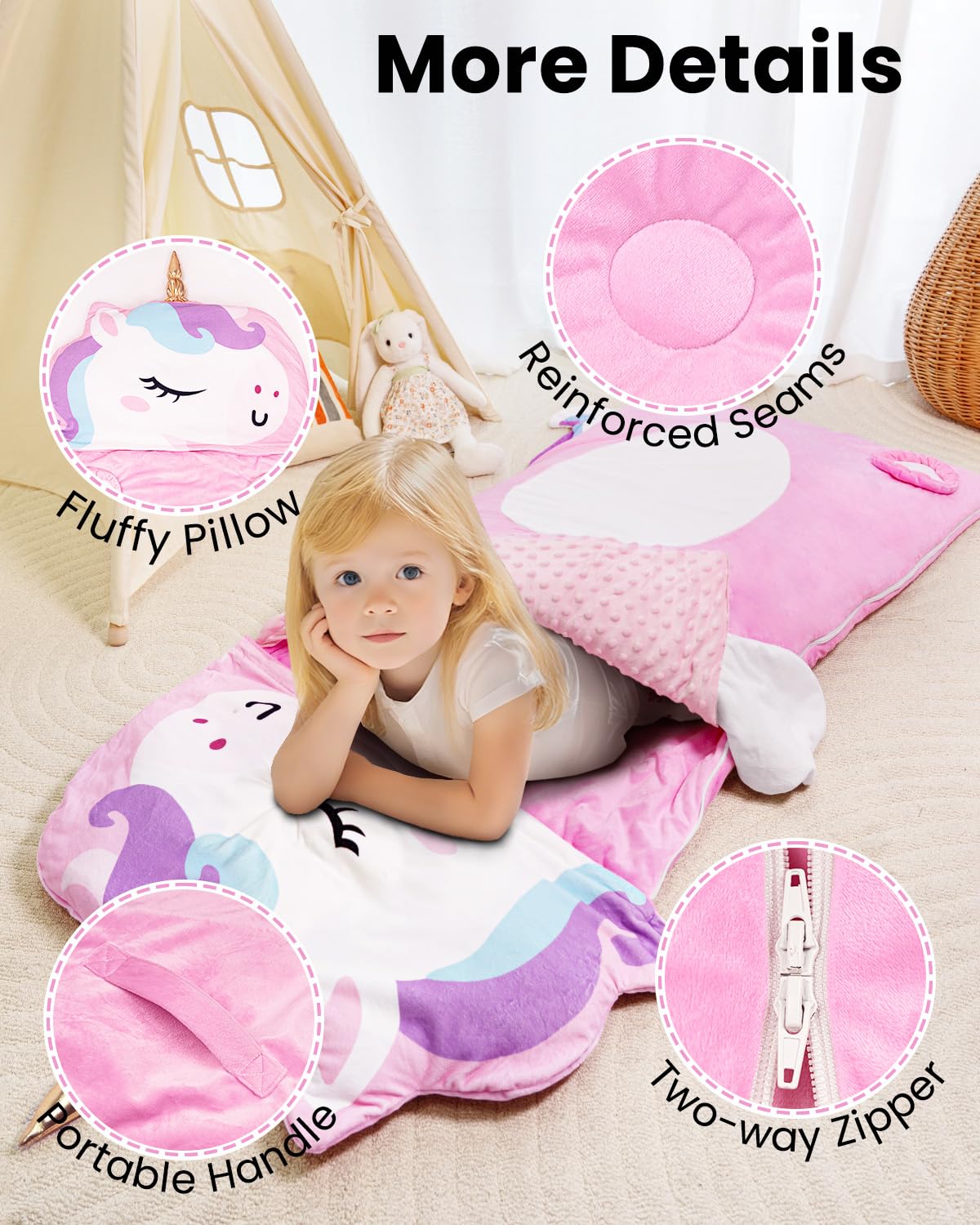 Primlect Kids Sleeping Bag with Pillow – Plush Nap Mat for Preschool & Travel (Pink)