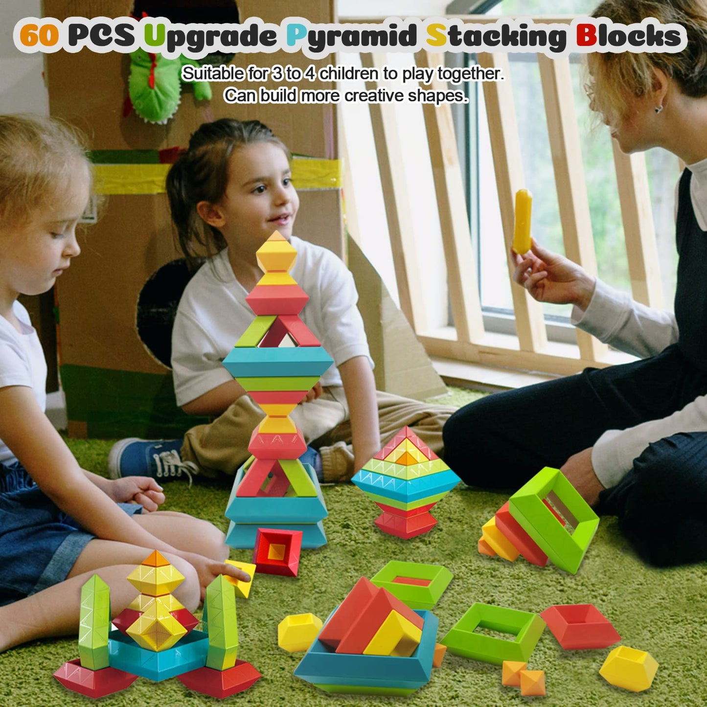 Prinlion Stacking Toys 60-Piece Montessori Blocks for Toddlers | STEM & Sensory Play