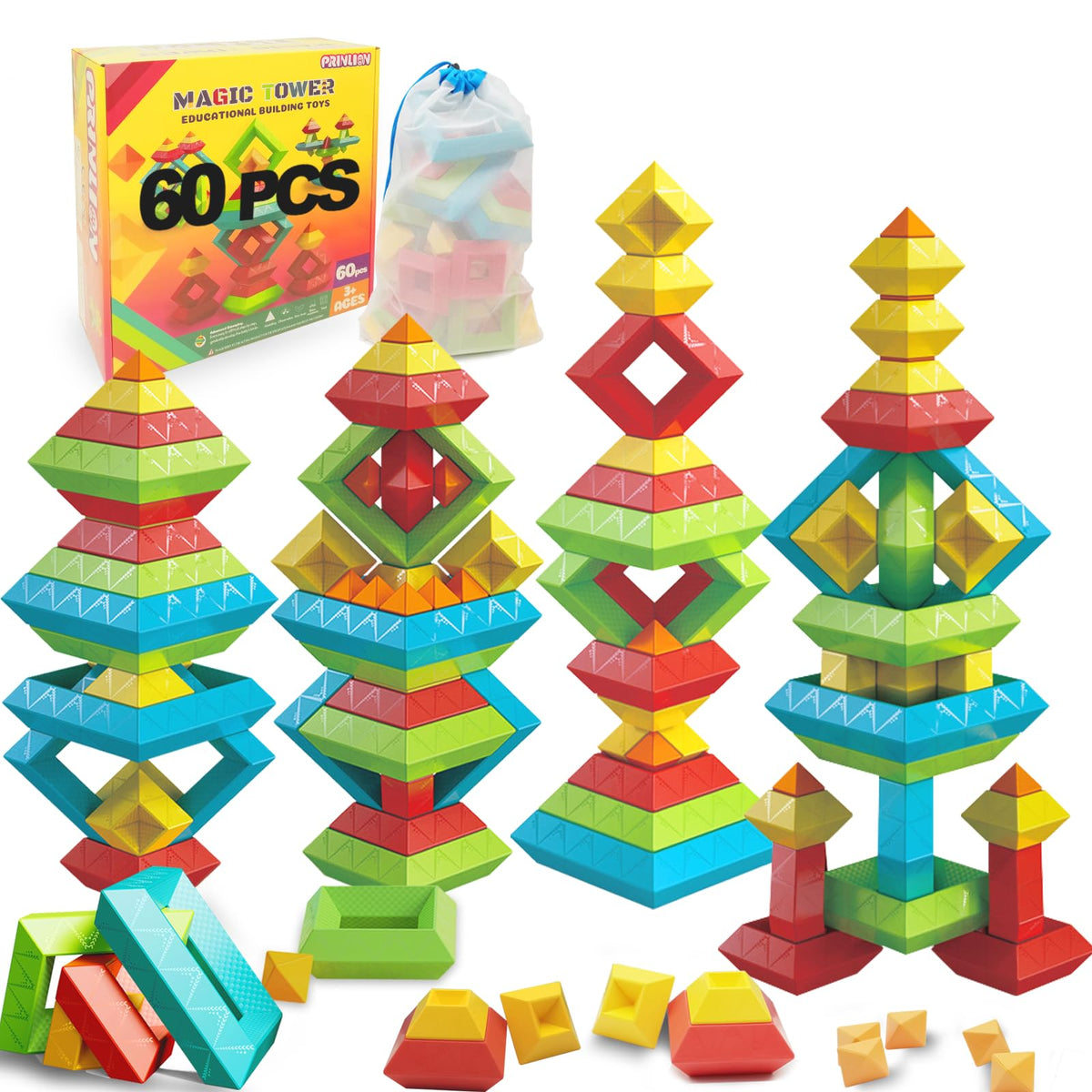 Prinlion Stacking Toys 60-Piece Montessori Blocks for Toddlers | STEM & Sensory Play