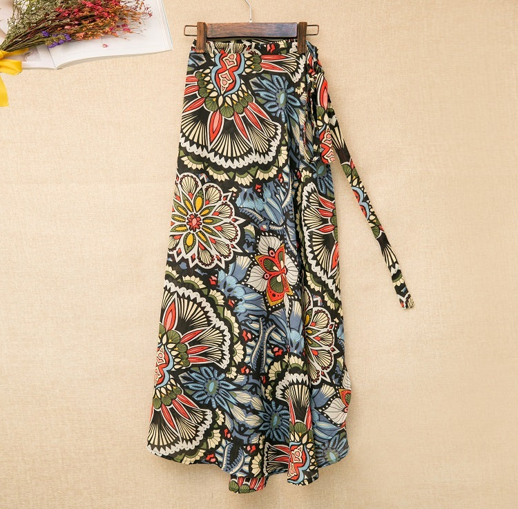 Printed Lace-up Wrap Skirt With Slits