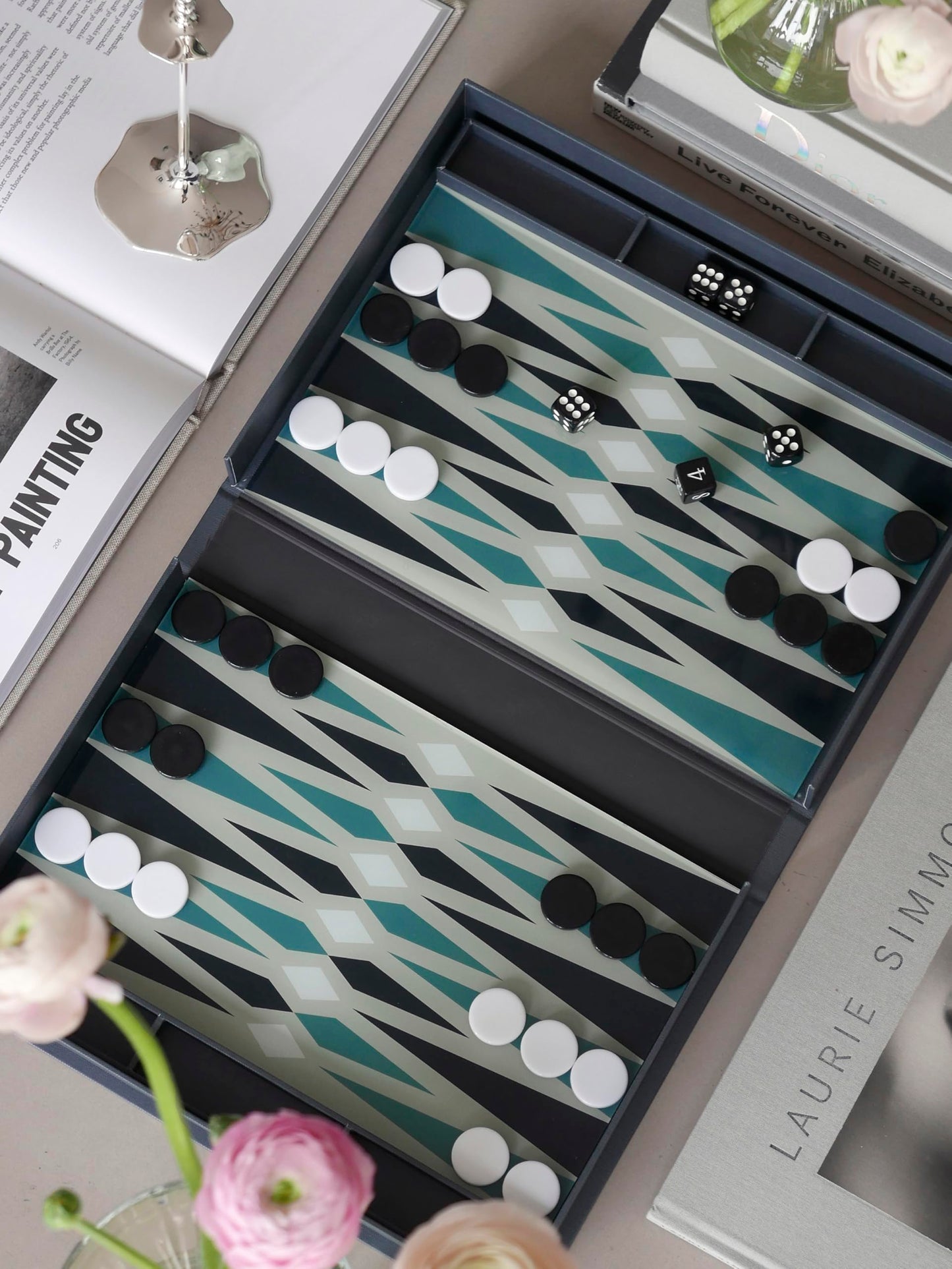 PrintWorks Classic Backgammon – Grey Blue Acrylic Foldable Book Set