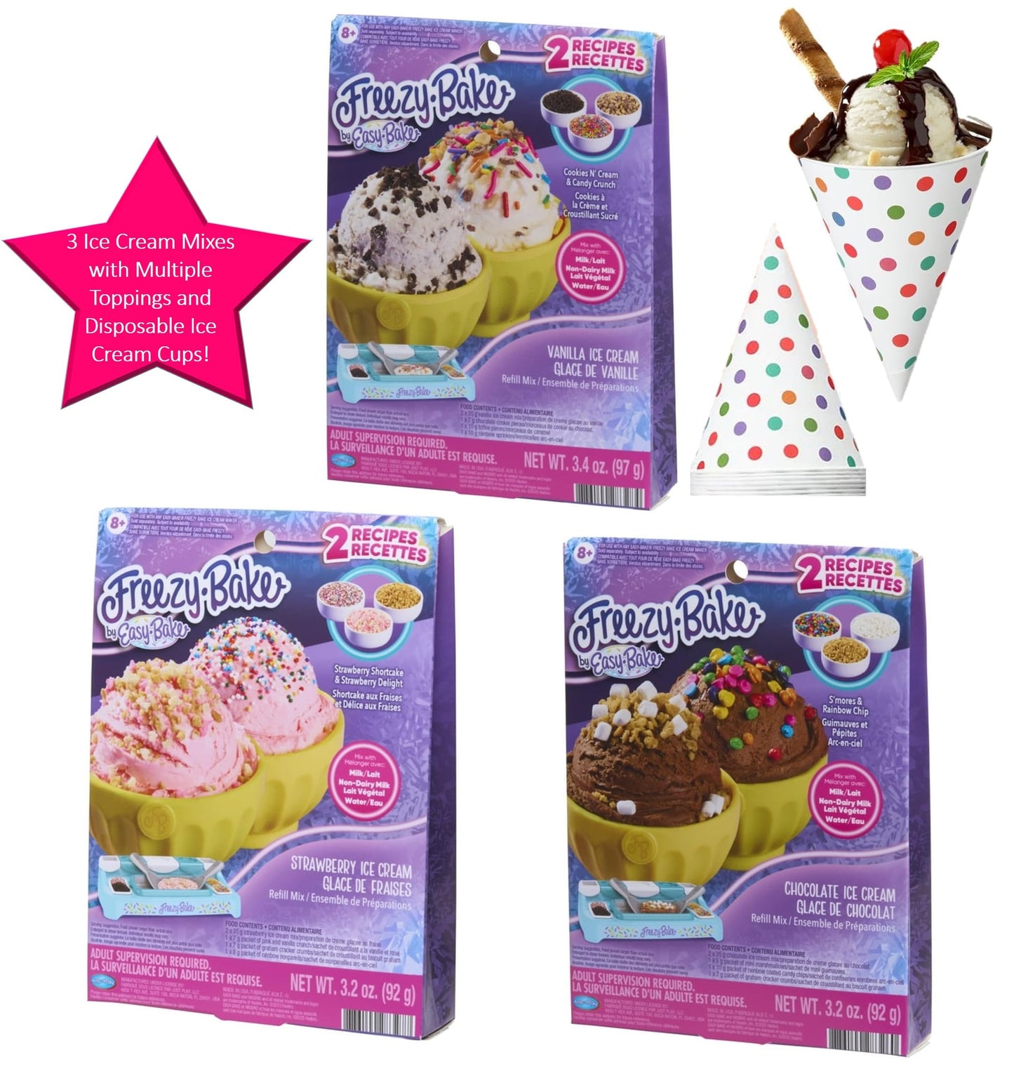 ProductMix Easy Bake Freezy Bake Ice Cream Mixes Pack – Vanilla, Strawberry & Chocolate with Mix-Ins