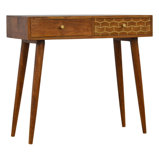 Gold Art Pattern Console Table | Chestnut Solid Mango Wood
