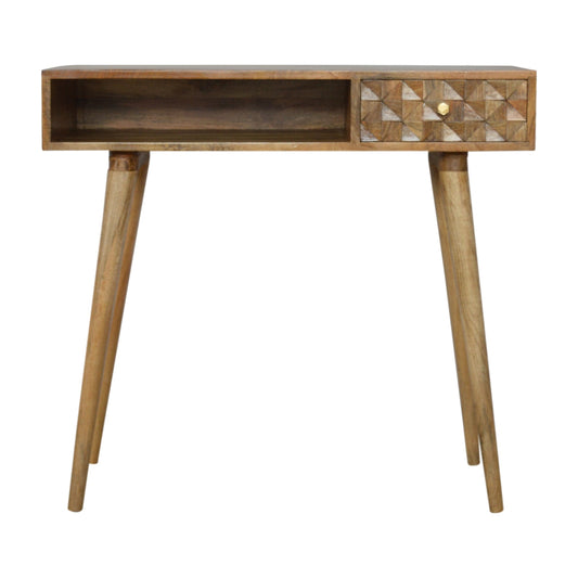 Diamond Carved Writing Desk | Oak-Ish Solid Mango Wood Hand-Carved