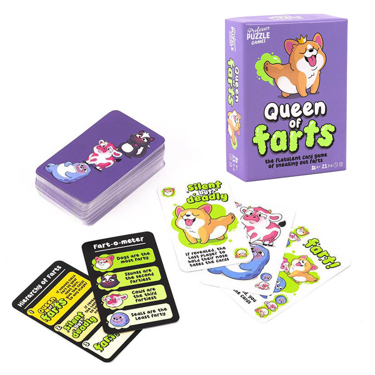 Queen of Farts Game by Professor PUZZLE | Hilarious Animal Card Game for 3-6 Players