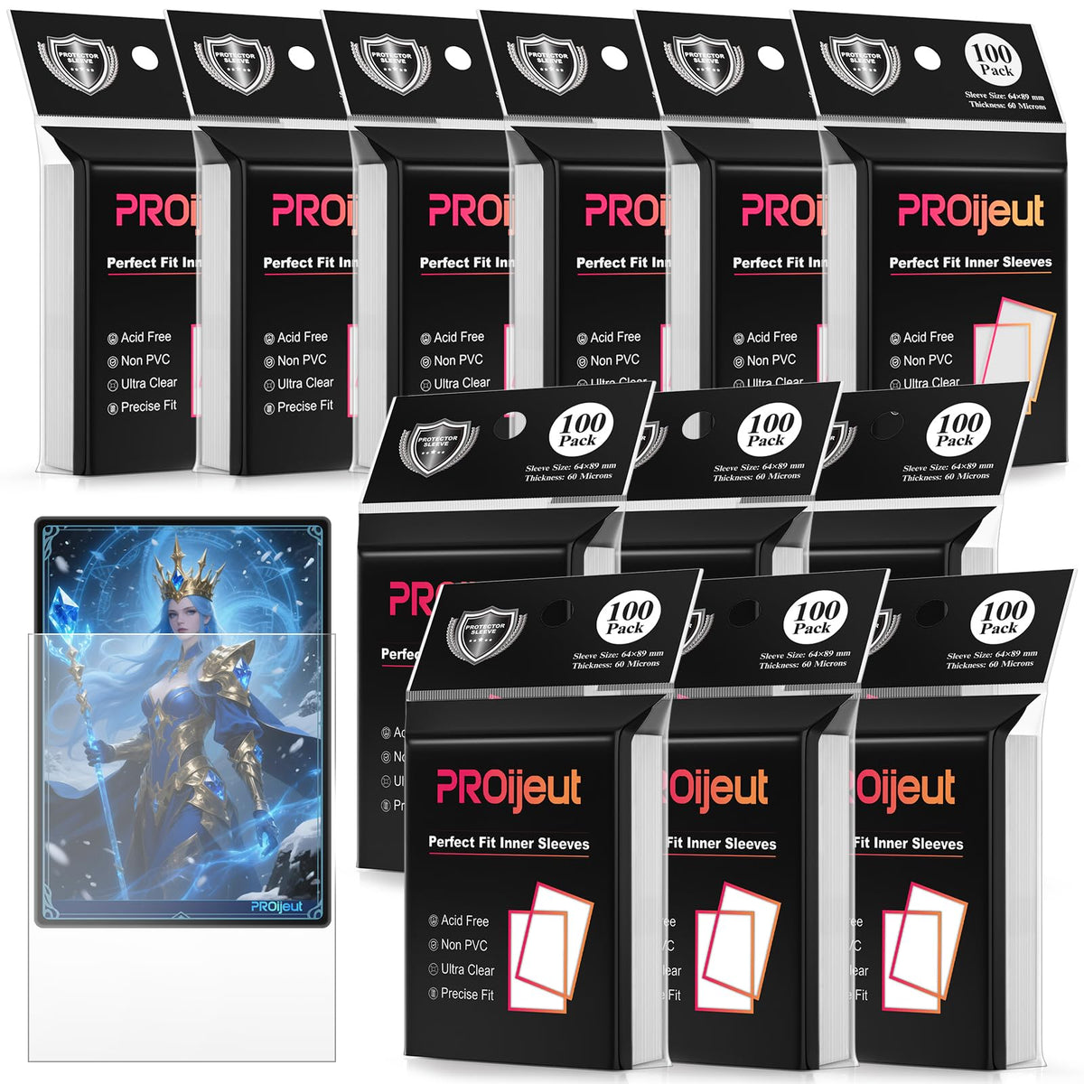 Proijeut 1200 Pack Card Sleeves Clear — Perfect Fit 64x89mm, 60 Micron, Double-Sleeve Ready