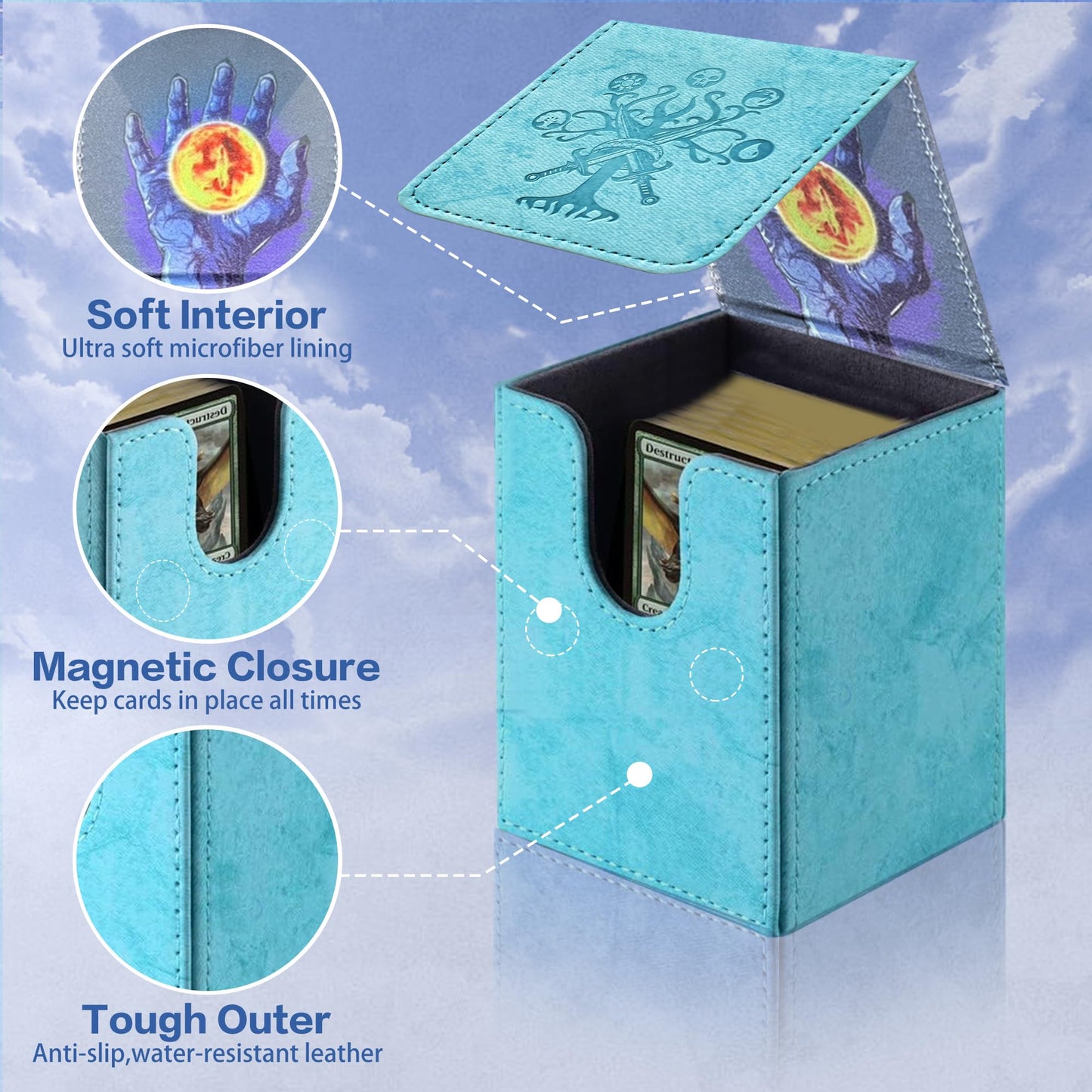 PROMAXIBINDER MTG Card Deck Box – Sky Blue Tree Design, Holds 100+ Cards, Magnetic Closure