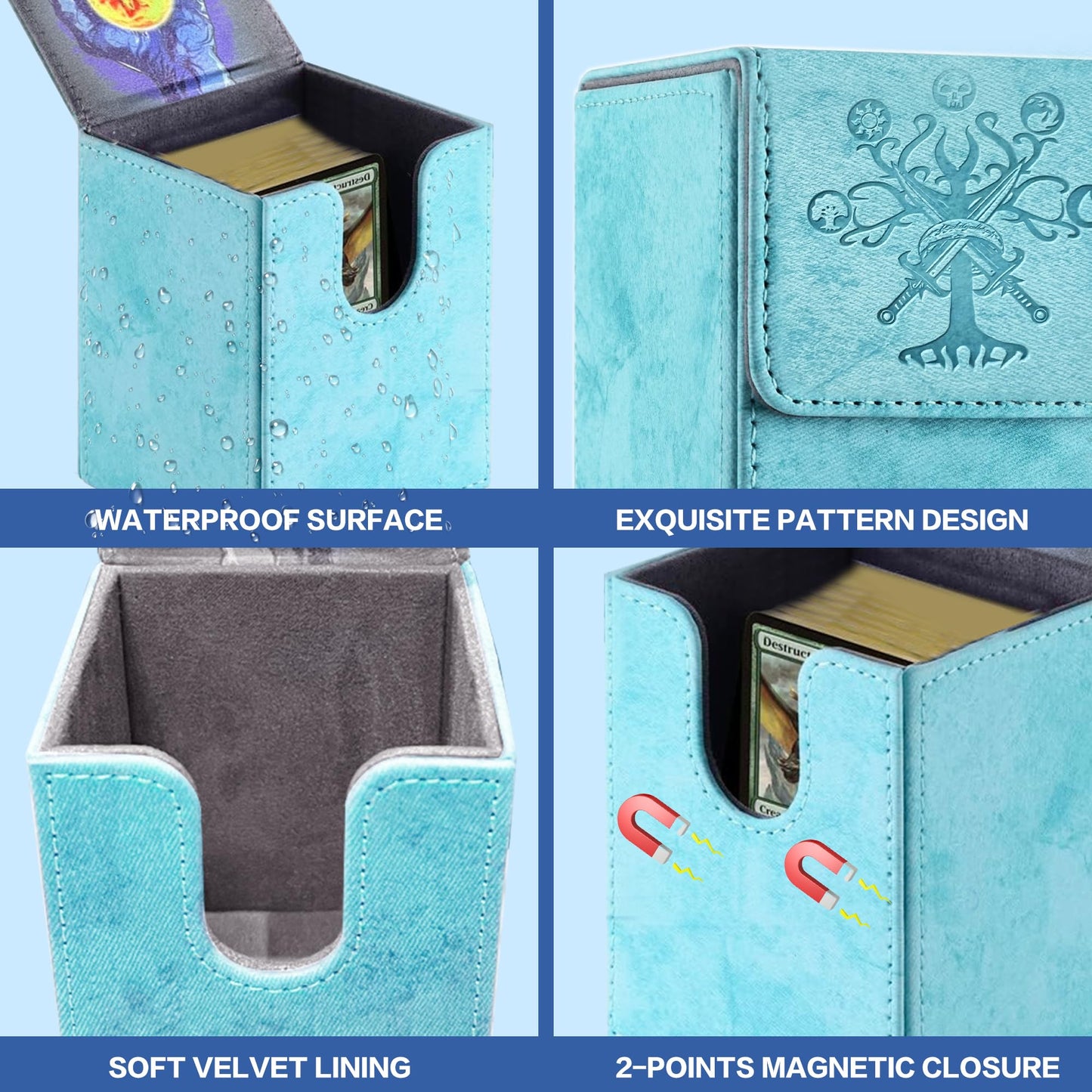 PROMAXIBINDER MTG Card Deck Box – Sky Blue Tree Design, Holds 100+ Cards, Magnetic Closure