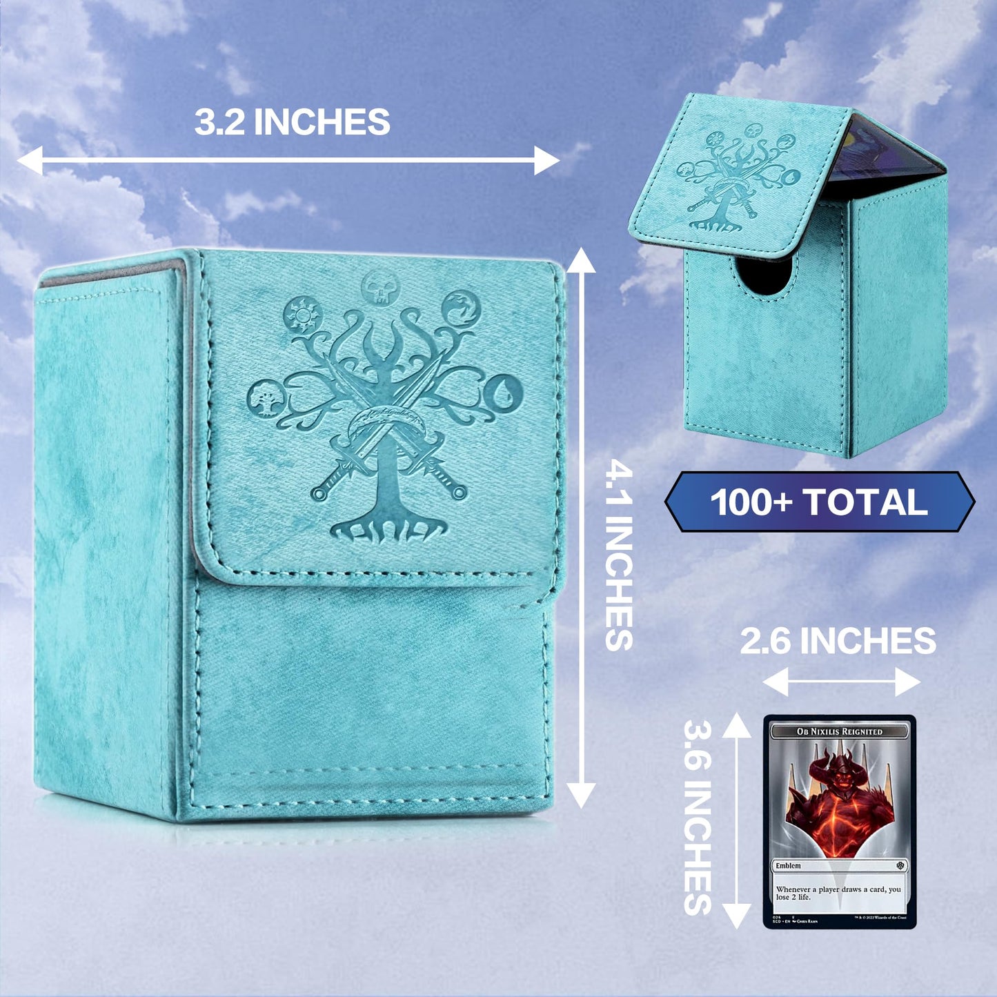 PROMAXIBINDER MTG Card Deck Box – Sky Blue Tree Design, Holds 100+ Cards, Magnetic Closure