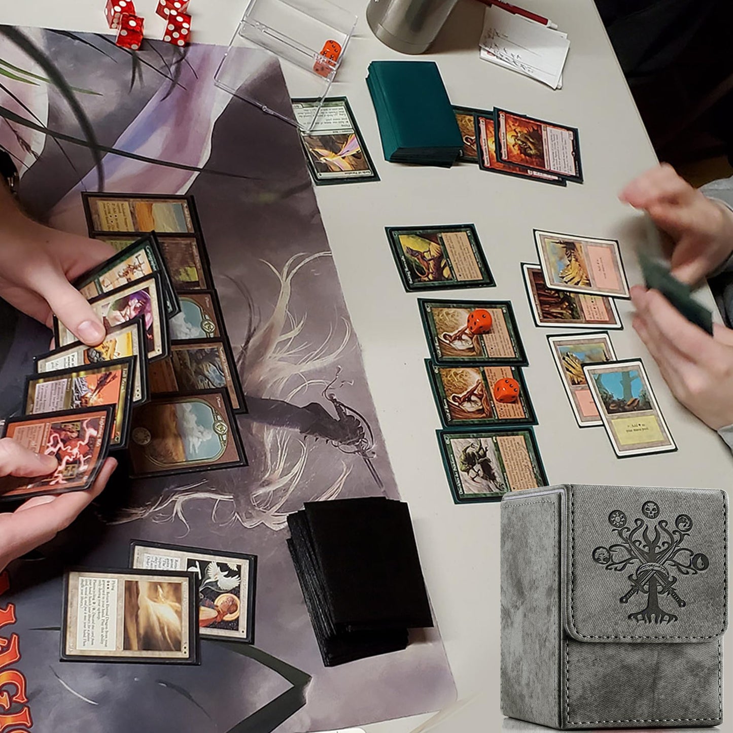 PROMAXIBINDER MTG Card Deck Box – Holds 100+ Cards, PU Leather, Magnetic Cover (Dark Grey, Tree)