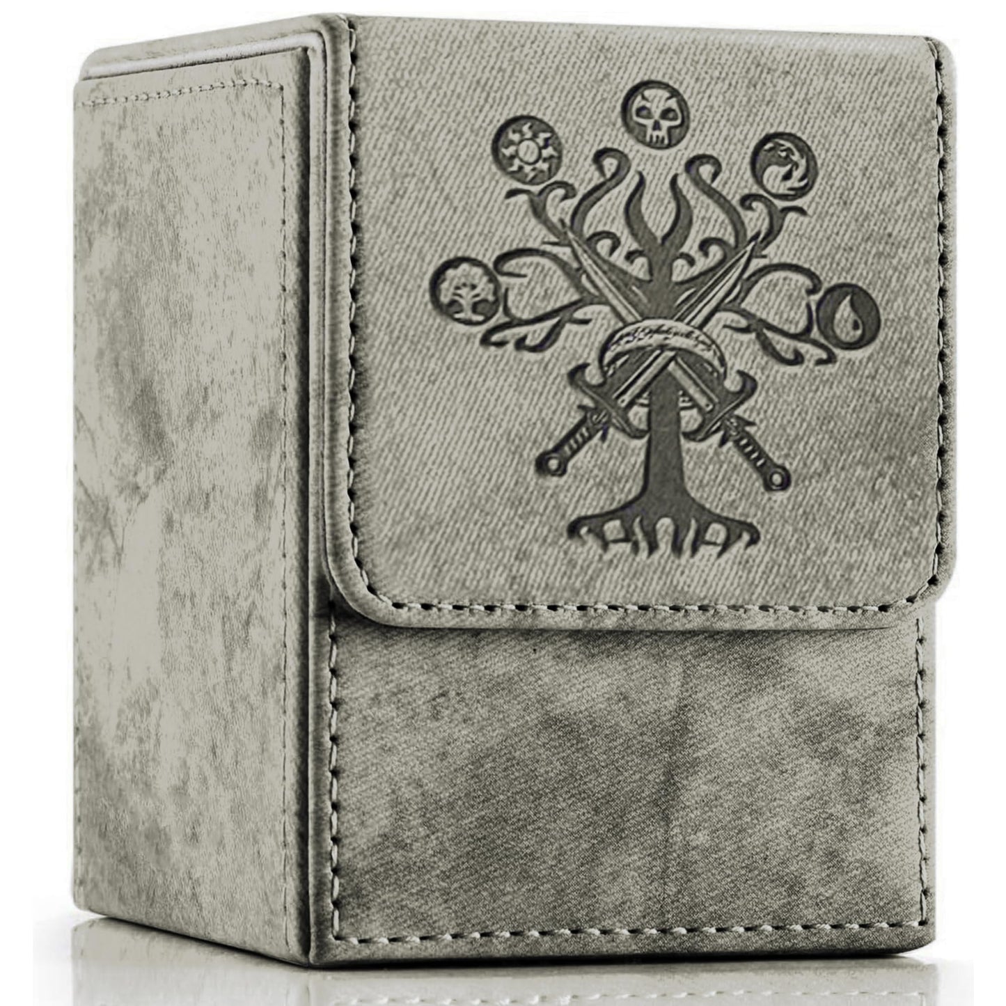 PROMAXIBINDER MTG Card Deck Box – Holds 100+ Sleeved Cards, PU Leather, Magnetic Cover, Grey Tree