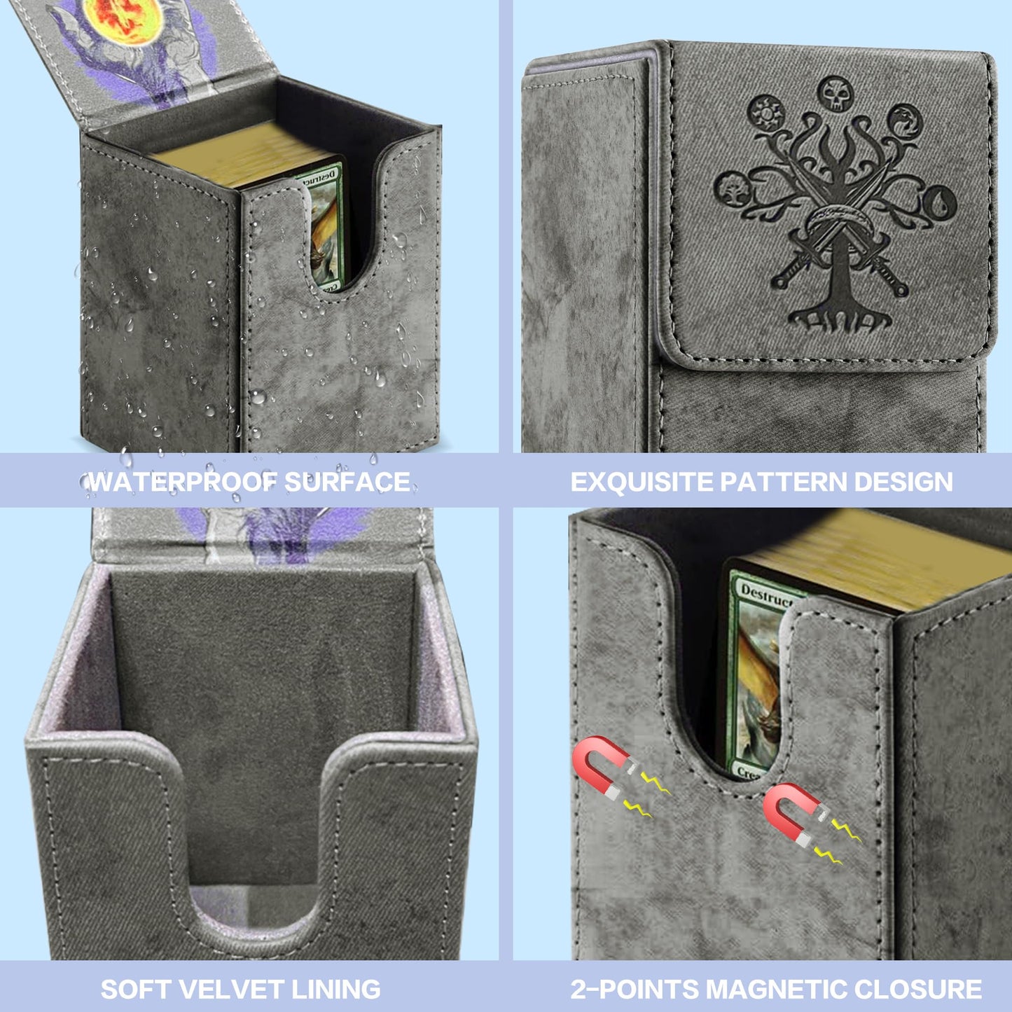 PROMAXIBINDER MTG Card Deck Box – Holds 100+ Cards, PU Leather, Magnetic Cover (Dark Grey, Tree)