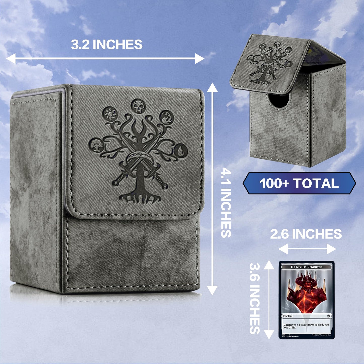 PROMAXIBINDER MTG Card Deck Box – Holds 100+ Cards, PU Leather, Magnetic Cover (Dark Grey, Tree)