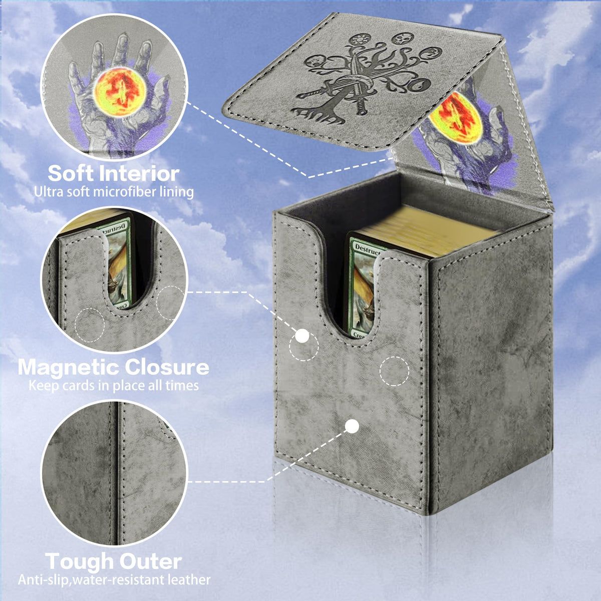 PROMAXIBINDER MTG Card Deck Box – Holds 100+ Sleeved Cards, PU Leather, Magnetic Cover, Grey Tree