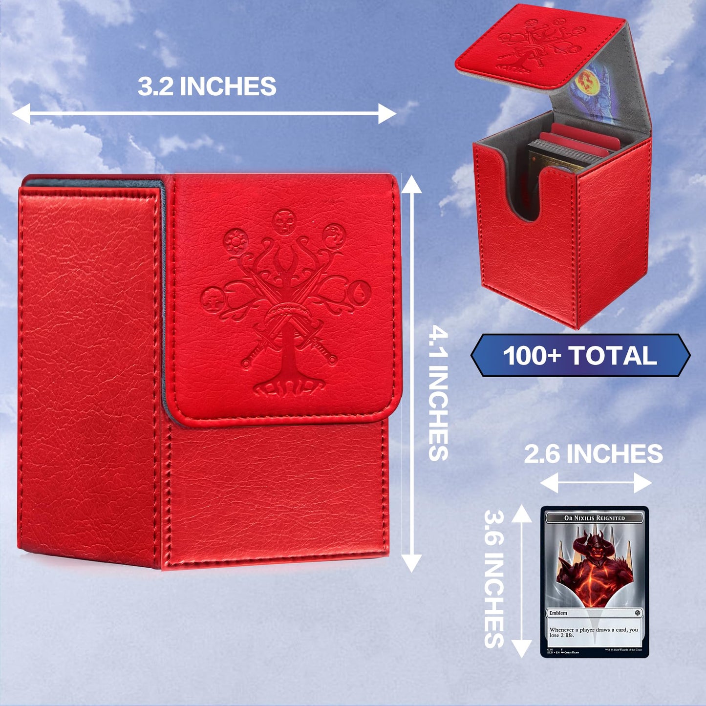 PROMAXIBINDER MTG Deck Box – 100+ Cards, PU Leather, Magnetic Cover (Red, Tree)