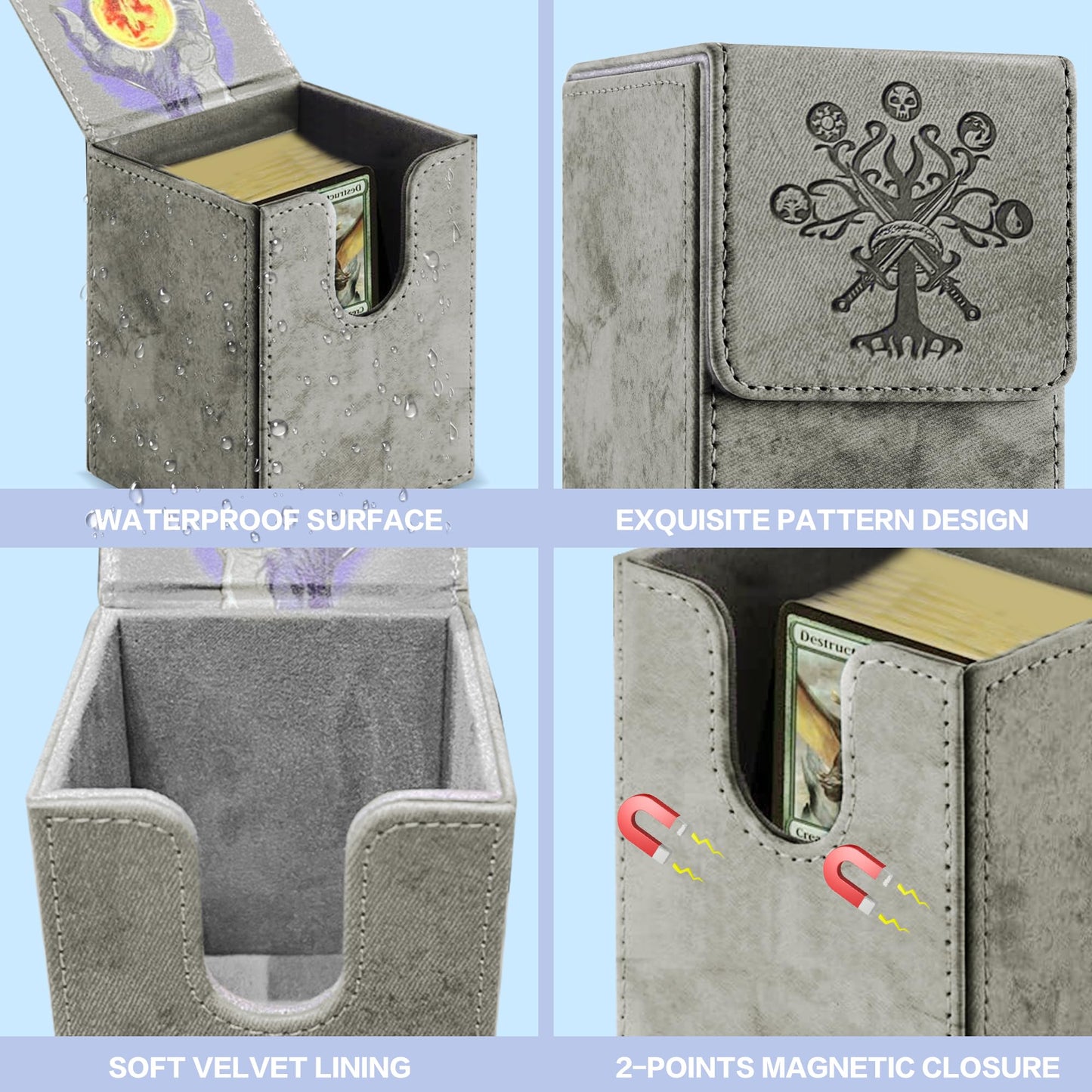 PROMAXIBINDER MTG Card Deck Box – Holds 100+ Sleeved Cards, PU Leather, Magnetic Cover, Grey Tree