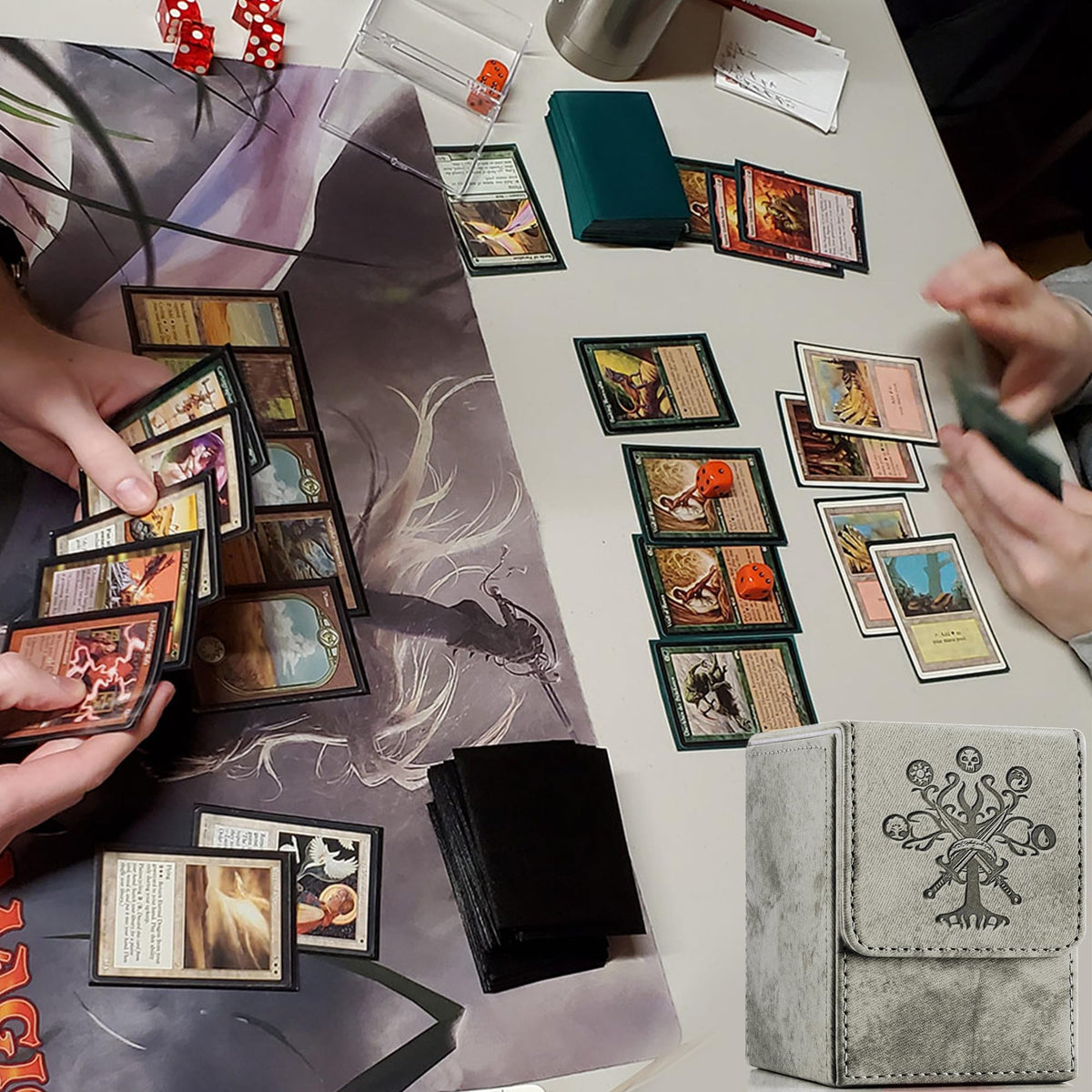 PROMAXIBINDER MTG Card Deck Box – Holds 100+ Sleeved Cards, PU Leather, Magnetic Cover, Grey Tree