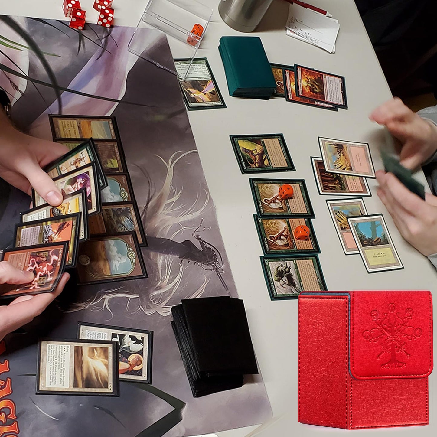 PROMAXIBINDER MTG Deck Box – 100+ Cards, PU Leather, Magnetic Cover (Red, Tree)