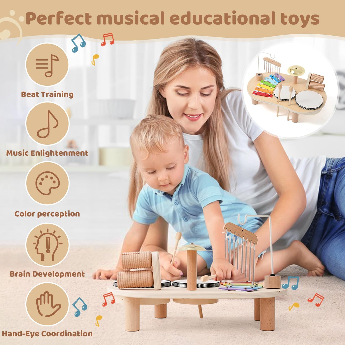 Promise Babe Wooden Drum Set for Toddlers 1-3 | Montessori Musical Toys