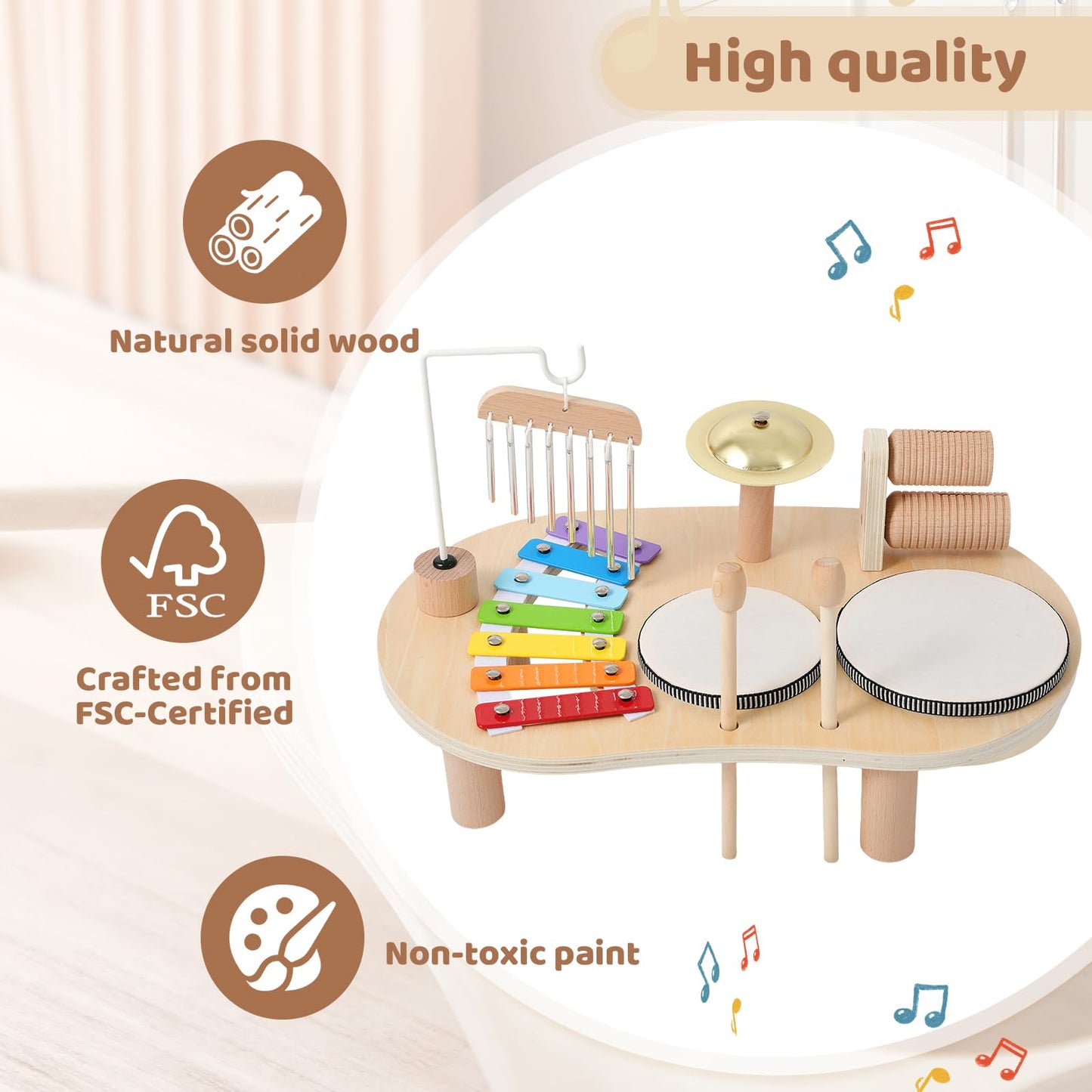 Promise Babe Wooden Drum Set for Toddlers 1-3 | Montessori Musical Toys