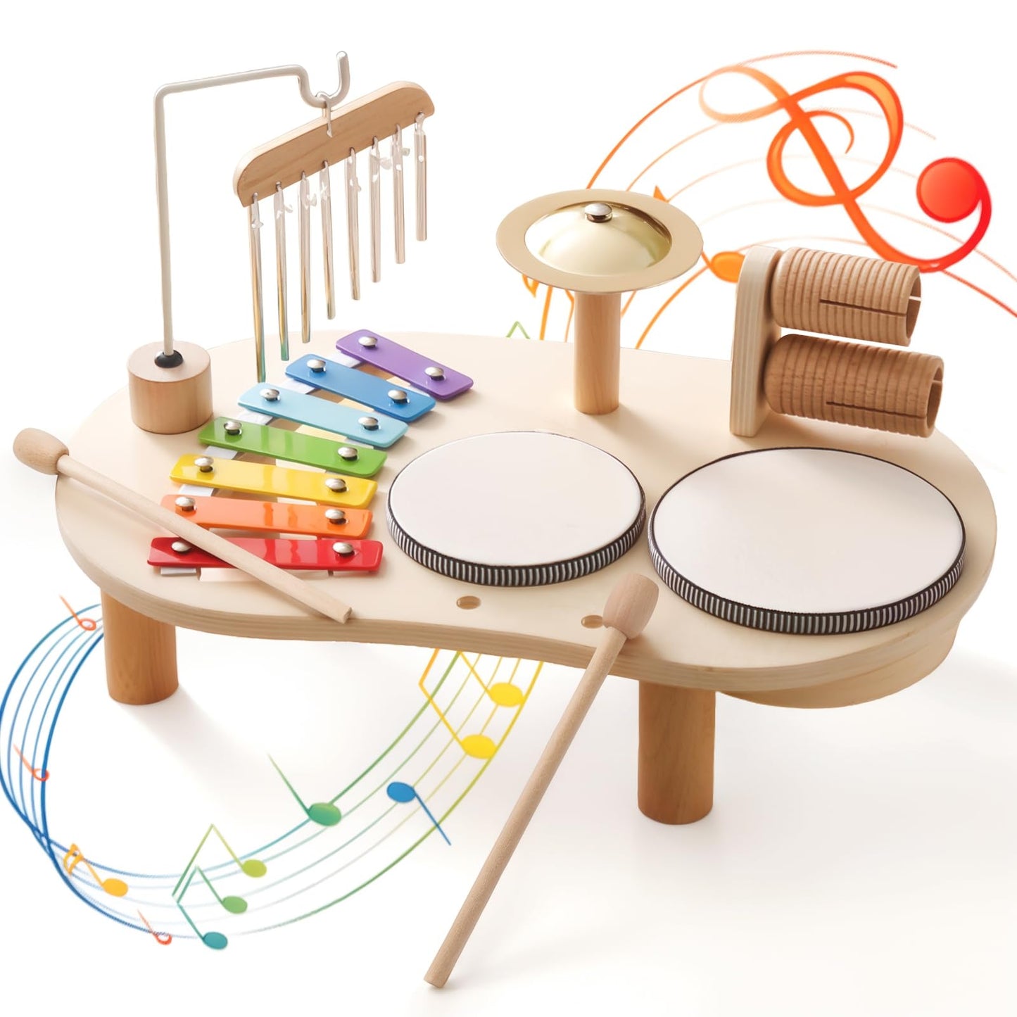 Promise Babe Wooden Drum Set for Toddlers 1-3 | Montessori Musical Toys