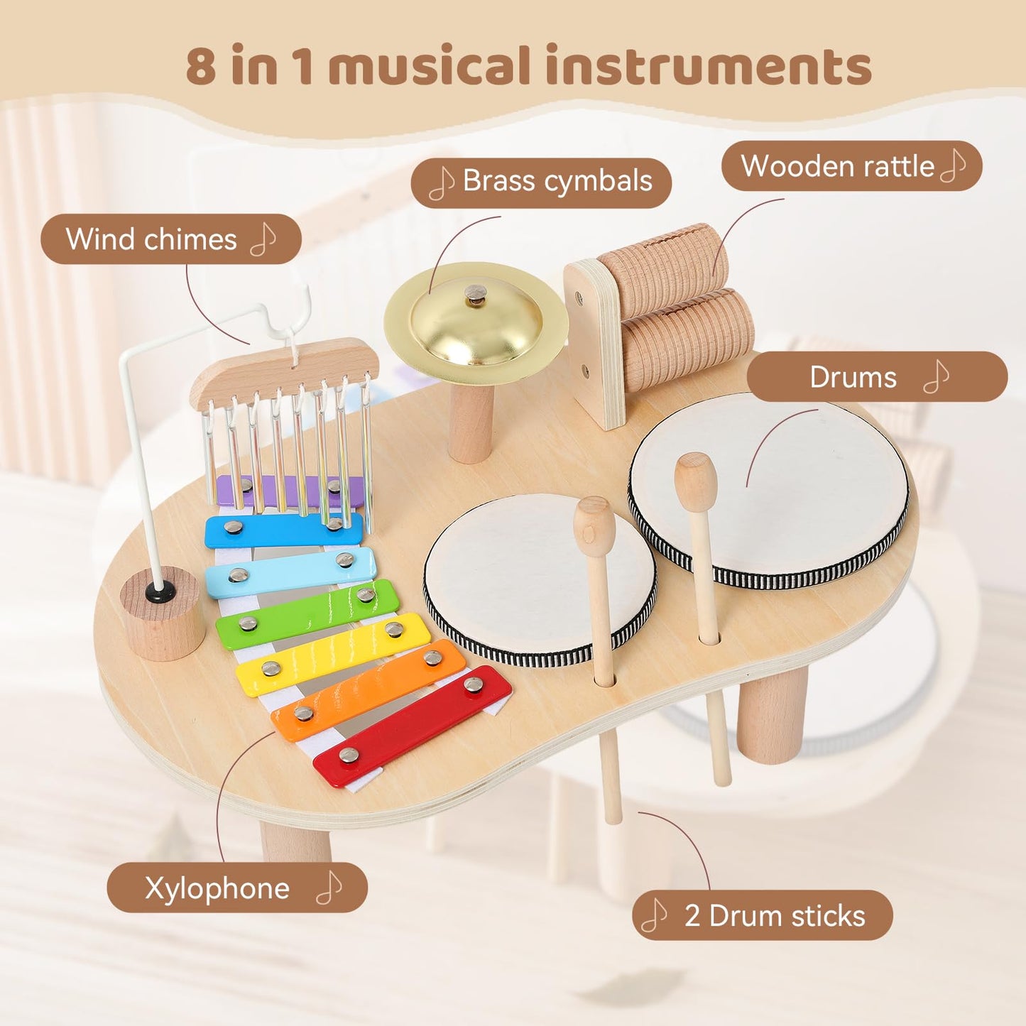 Promise Babe Wooden Drum Set for Toddlers 1-3 | Montessori Musical Toys