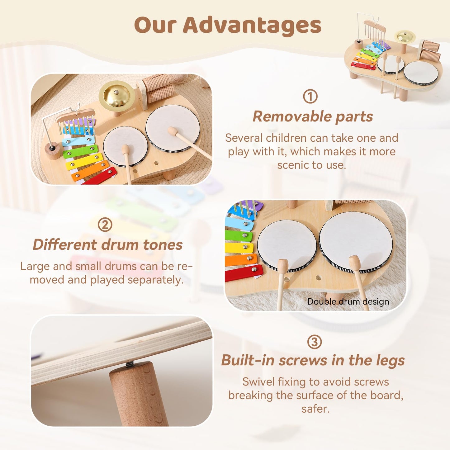 Promise Babe Wooden Drum Set for Toddlers 1-3 | Montessori Musical Toys