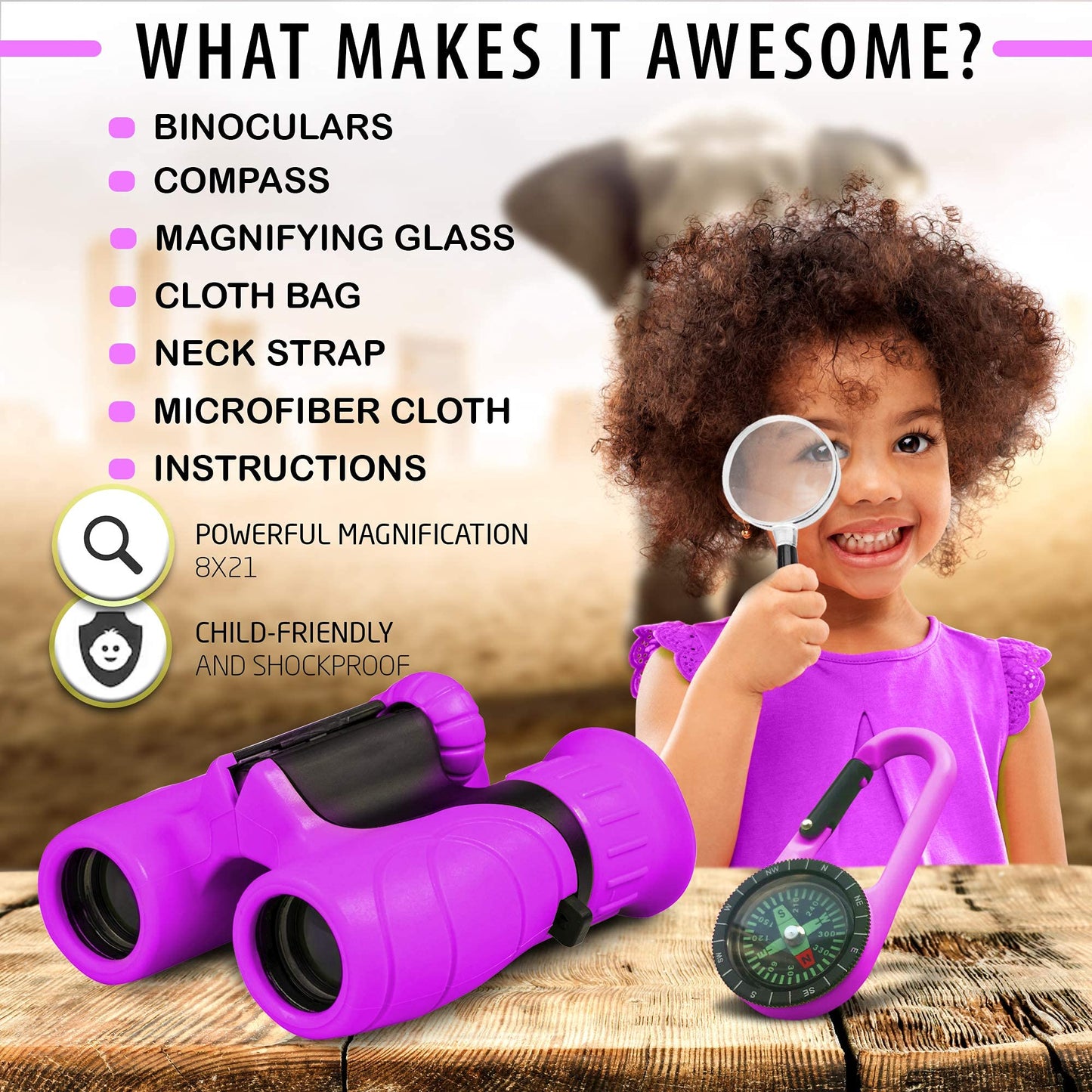 Promora Kids Binoculars 8x21 – Adventure Set with Compass & Magnifier (Ages 3-12)