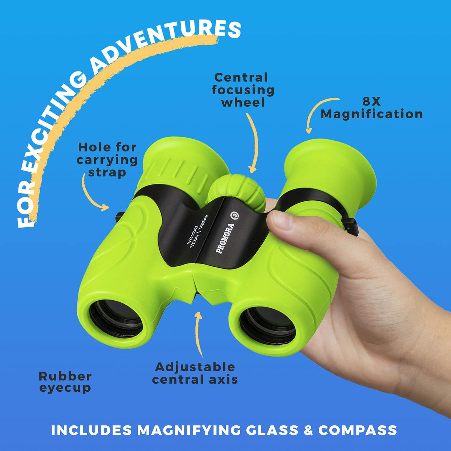 Promora Kids Binoculars – 8x21 Magnification for 4-8 Year Olds with Compass & Magnifier