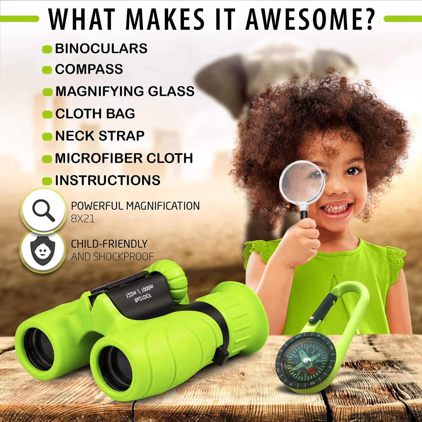 Promora Kids Binoculars – 8x21 Magnification for 4-8 Year Olds with Compass & Magnifier