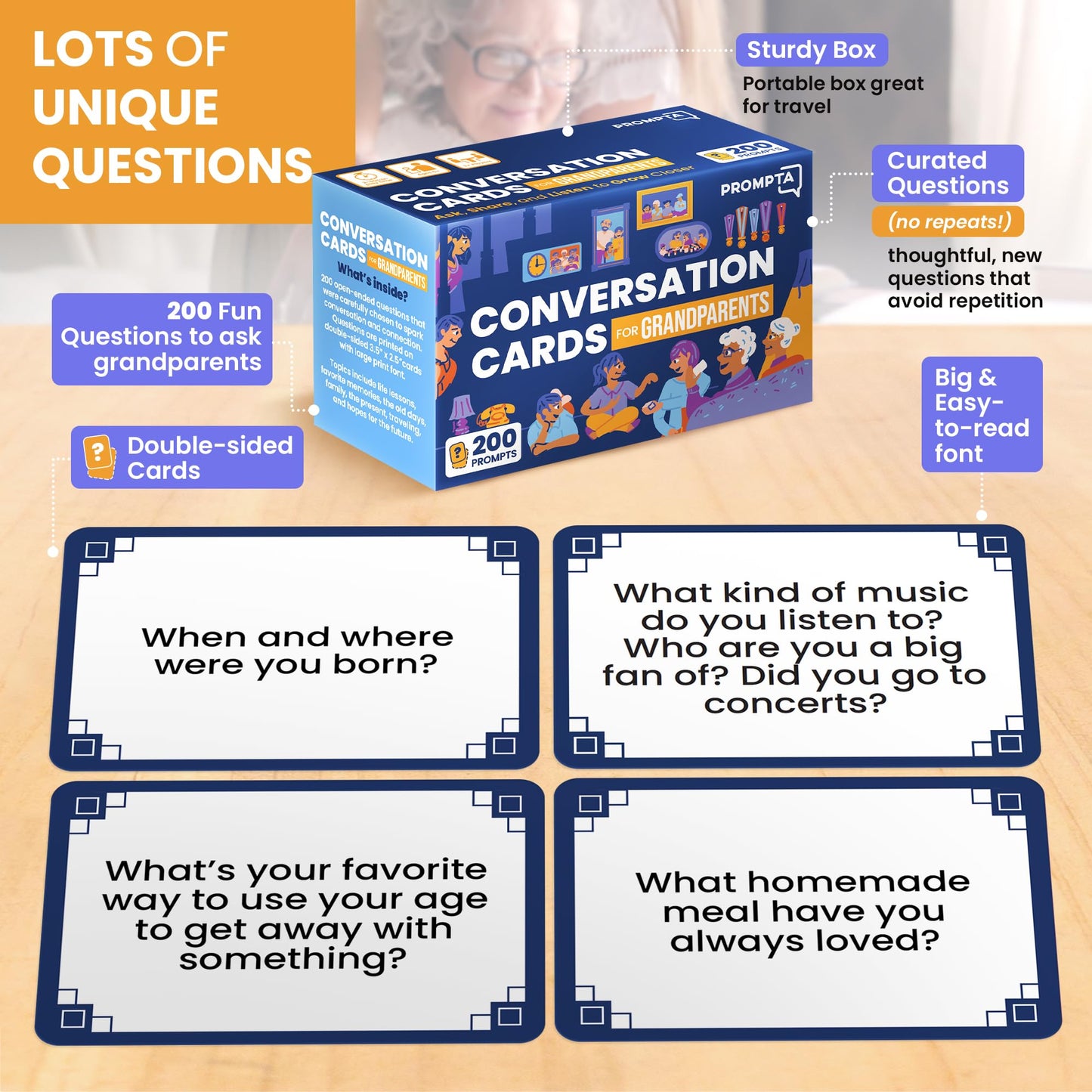 Prompta 200 Conversation Starters for Grandparents – Thoughtful Family Card Deck