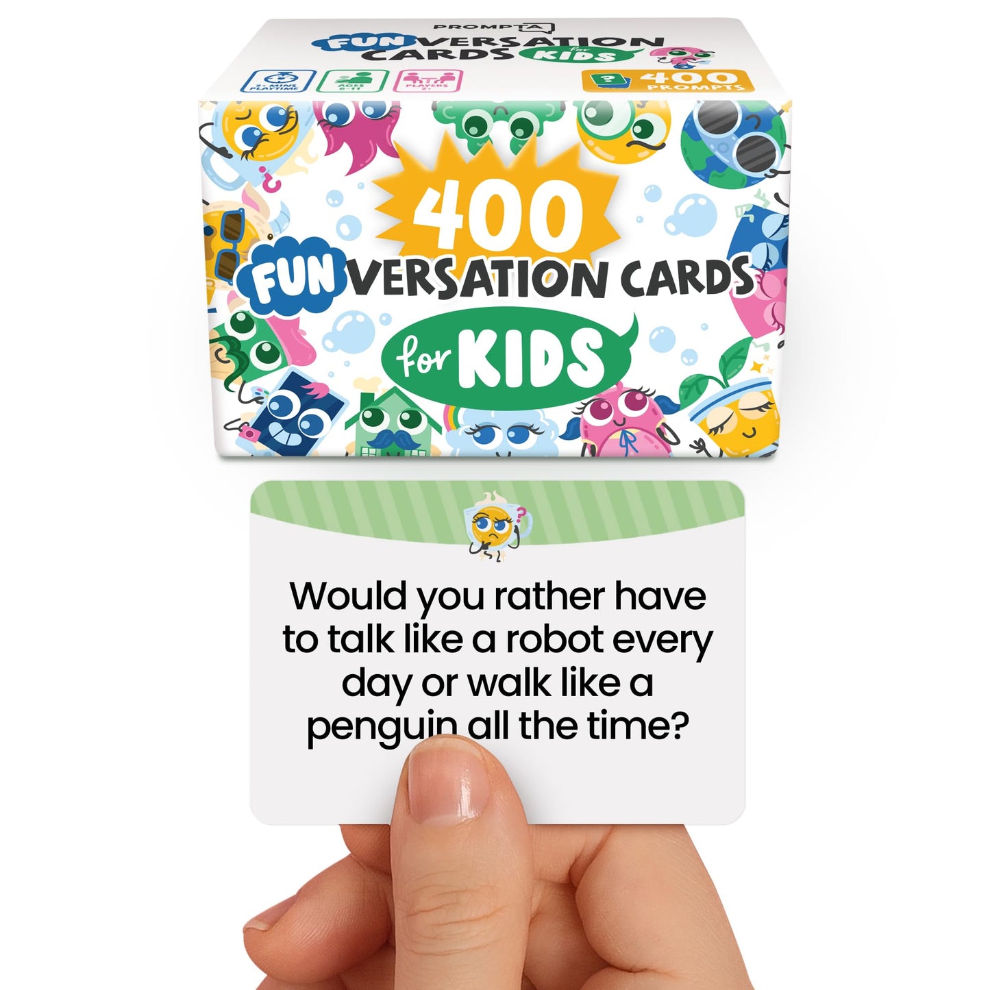 Prompta 400 Silly Interactive Conversation Cards for Kids 6–11 | 16 Categories, Travel-Ready