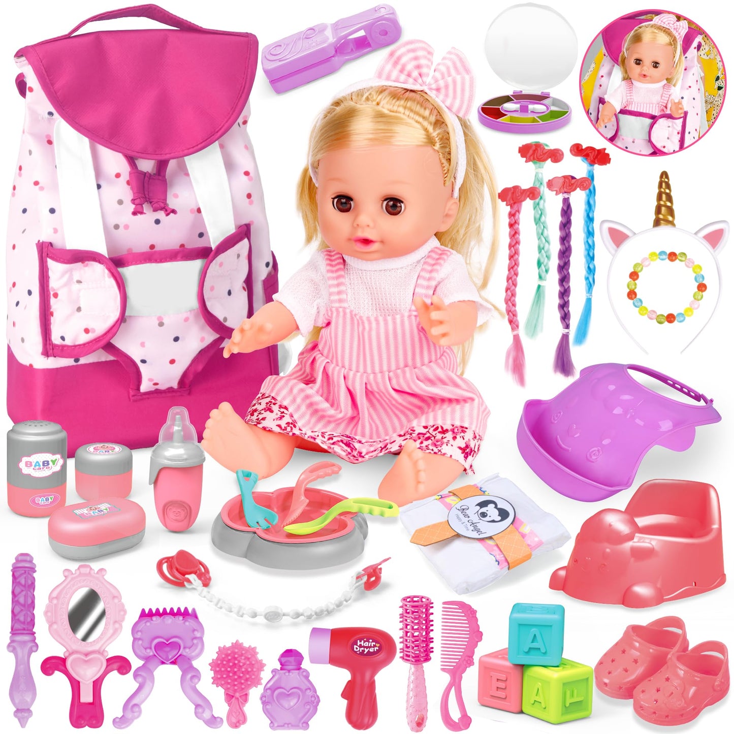 PROOU Baby Care Doll Toys Set 36PCS | 14-inch Doll, Hair Tools & Accessories for Pretend Play